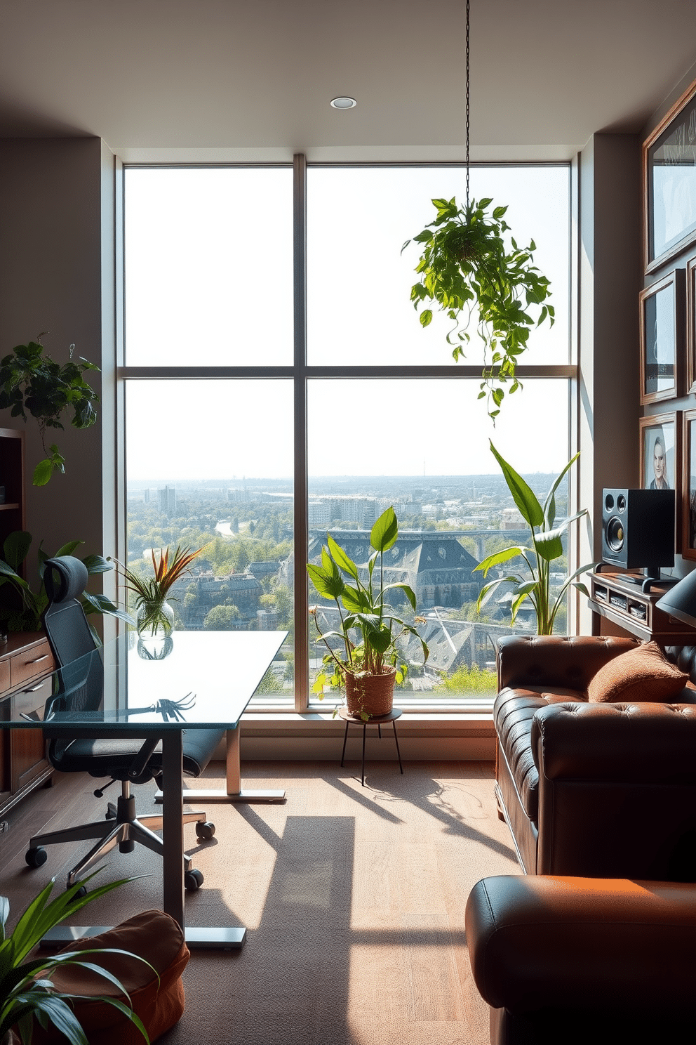 A creative workspace with inspiring views features large floor-to-ceiling windows that allow natural light to flood the room. The space includes a sleek glass desk facing the windows, complemented by a comfortable ergonomic chair and vibrant indoor plants scattered throughout. For the Man Cave Office Design, envision a cozy retreat with rich leather seating and a rustic wooden desk. The walls are adorned with framed sports memorabilia, and a state-of-the-art sound system enhances the ambiance, making it the perfect place to unwind and work.