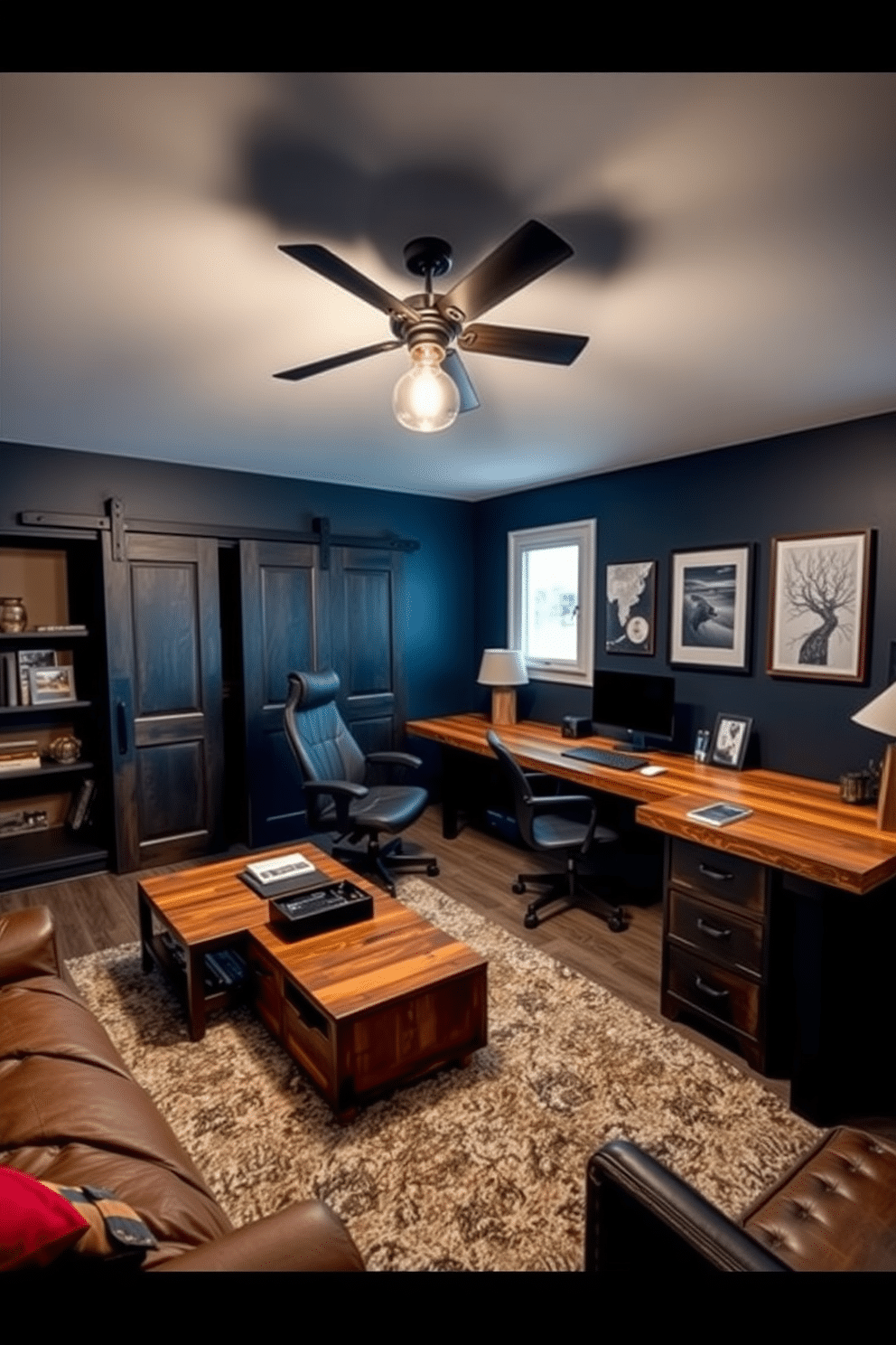 A cozy man cave office designed for productivity and relaxation. The space features a large, L-shaped desk made of reclaimed wood, paired with an ergonomic leather chair, and is illuminated by a stylish industrial pendant light overhead. Incorporated into the design are hidden storage solutions, such as built-in shelves behind a sliding barn door and a coffee table with drawers to keep clutter at bay. The walls are painted in a deep navy blue, accented with framed artwork and a plush area rug that adds warmth to the room.