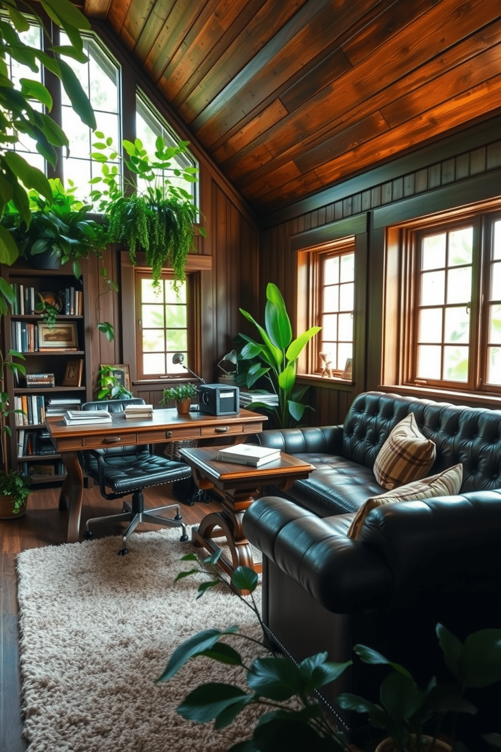 A cozy man cave office featuring a deep leather sofa and a rustic wooden desk. The walls are adorned with dark wood paneling, and large windows let in natural light, surrounded by lush green plants that add a fresh vibe. In one corner, a tall bookshelf filled with books and decorative items complements the space. A plush area rug anchors the seating area, while a few potted plants bring life and color to the room.