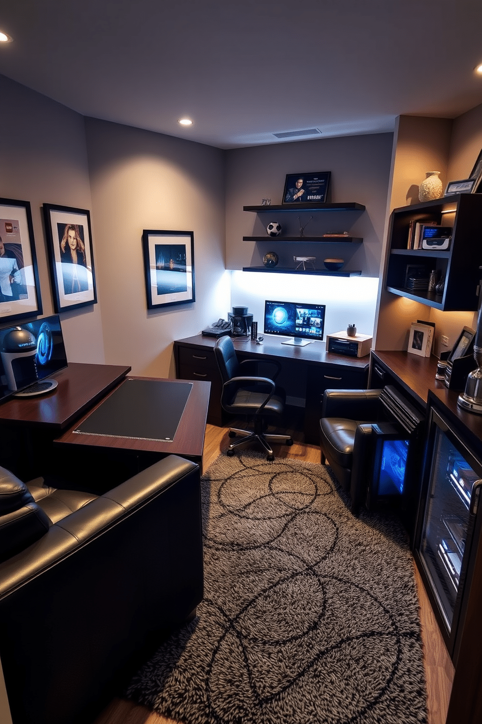 A modern man cave office featuring sleek tech charging stations seamlessly integrated into the design. The space includes a dark wood desk with built-in USB ports, surrounded by comfortable leather seating and ambient lighting. The walls are adorned with framed artwork and shelves displaying collectibles, creating a personalized atmosphere. A plush rug anchors the seating area, while a mini fridge and coffee maker provide convenience for long working hours.