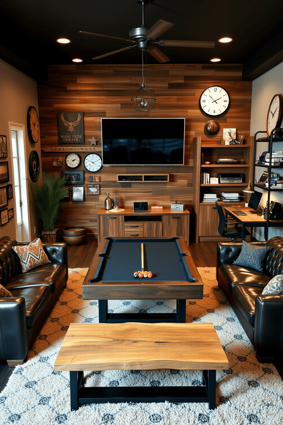 A stylish man cave office featuring a sleek pool table in the center, surrounded by comfortable leather seating and a rustic wooden coffee table. The walls are adorned with vintage sports memorabilia, and a large flat-screen TV hangs above a modern console, creating an inviting atmosphere for relaxation and entertainment. In one corner, a dedicated workspace is designed with a sturdy wooden desk and ergonomic chair, complemented by industrial-style shelving units filled with books and decor. Soft, ambient lighting enhances the cozy vibe, while a plush area rug anchors the space, making it perfect for both work and leisure.