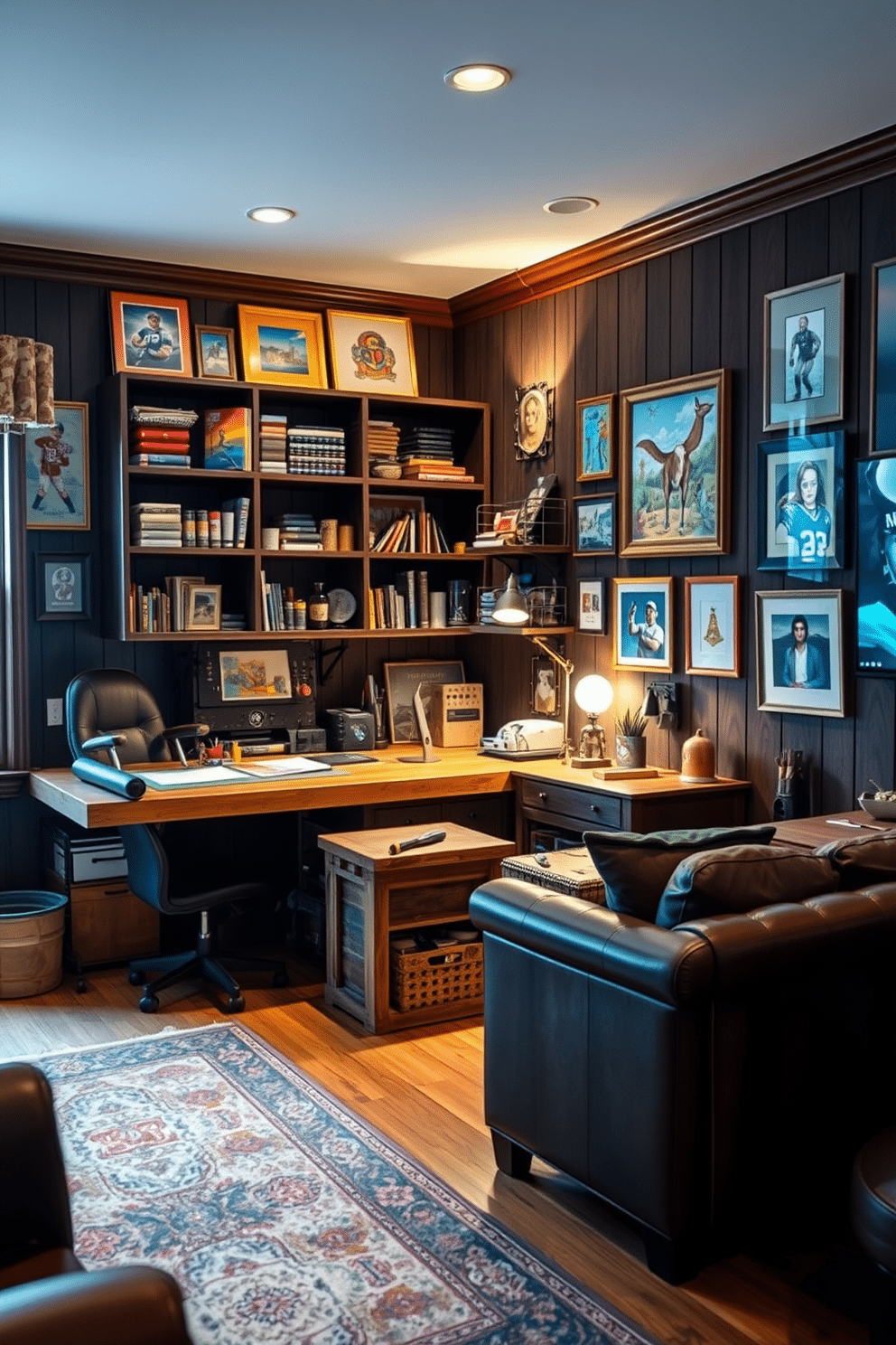 A cozy designated area for hobbies and crafts features a large wooden workbench surrounded by shelves filled with art supplies and tools. Soft, ambient lighting illuminates the space, while colorful artwork and personal projects are displayed on the walls, creating an inspiring atmosphere. The man cave office design combines comfort and functionality with a plush leather sofa and a rustic wooden desk. Dark wood paneling and a vintage rug add warmth, while framed sports memorabilia and a large screen for gaming or video calls personalize the space.