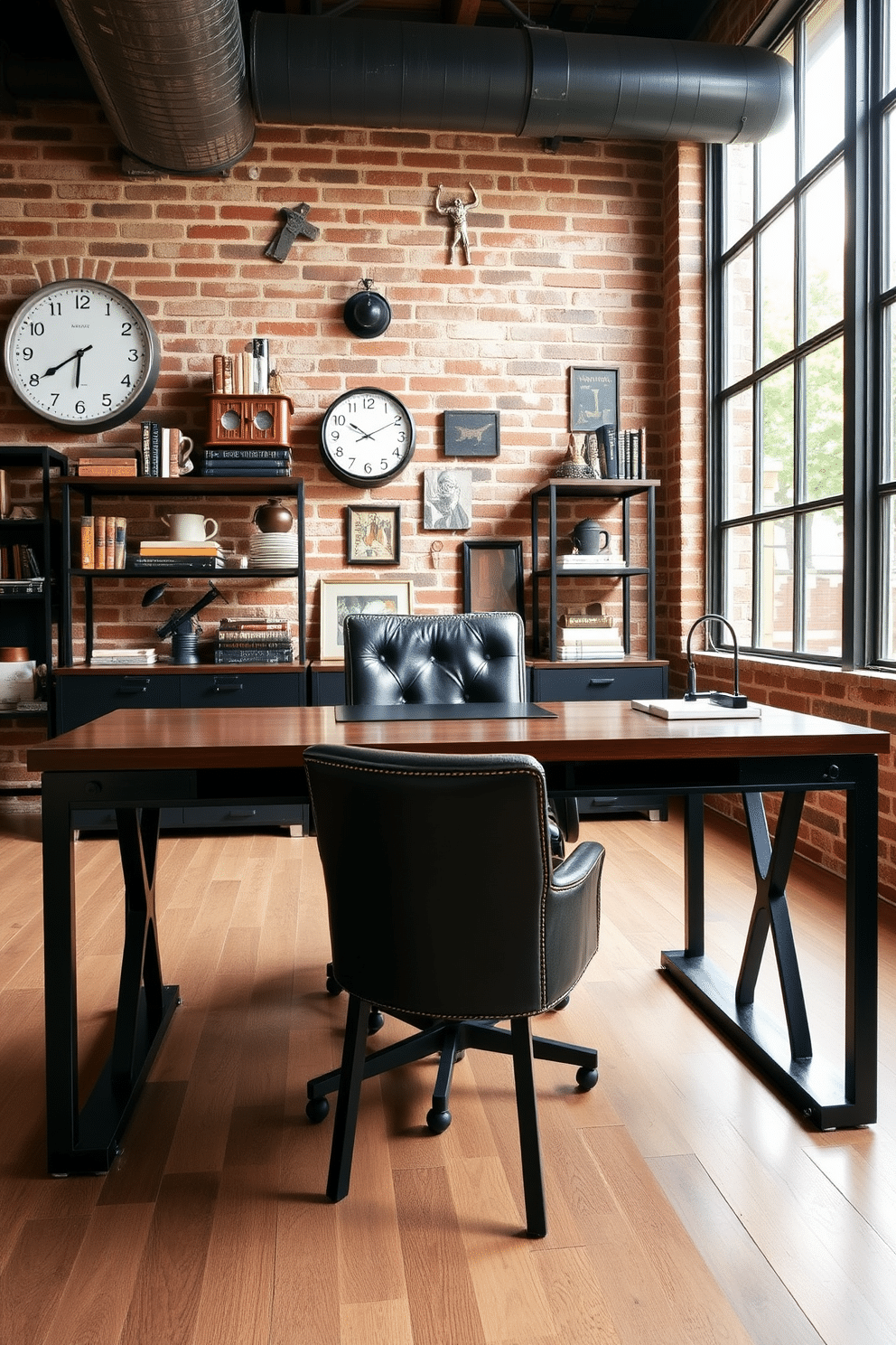 A striking industrial-style desk with sleek metal finishes dominates the room, featuring a dark wood top complemented by sturdy black metal legs. Behind the desk, exposed brick walls add character, while large windows allow natural light to flood the space. The office is adorned with vintage decor, including a retro clock and industrial-style shelving that showcases books and collectibles. A plush leather chair sits invitingly at the desk, creating a perfect blend of comfort and style in this man cave office retreat.