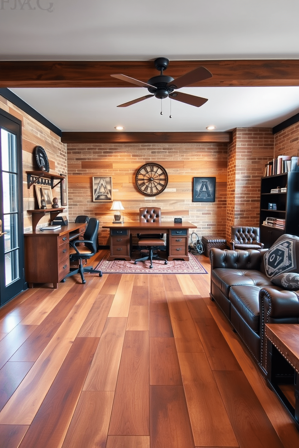 A stylish man cave office featuring reclaimed wood flooring that adds warmth and character to the space. The room is accented with industrial-style furniture, including a large wooden desk and comfortable leather seating, creating an inviting atmosphere for productivity and relaxation.