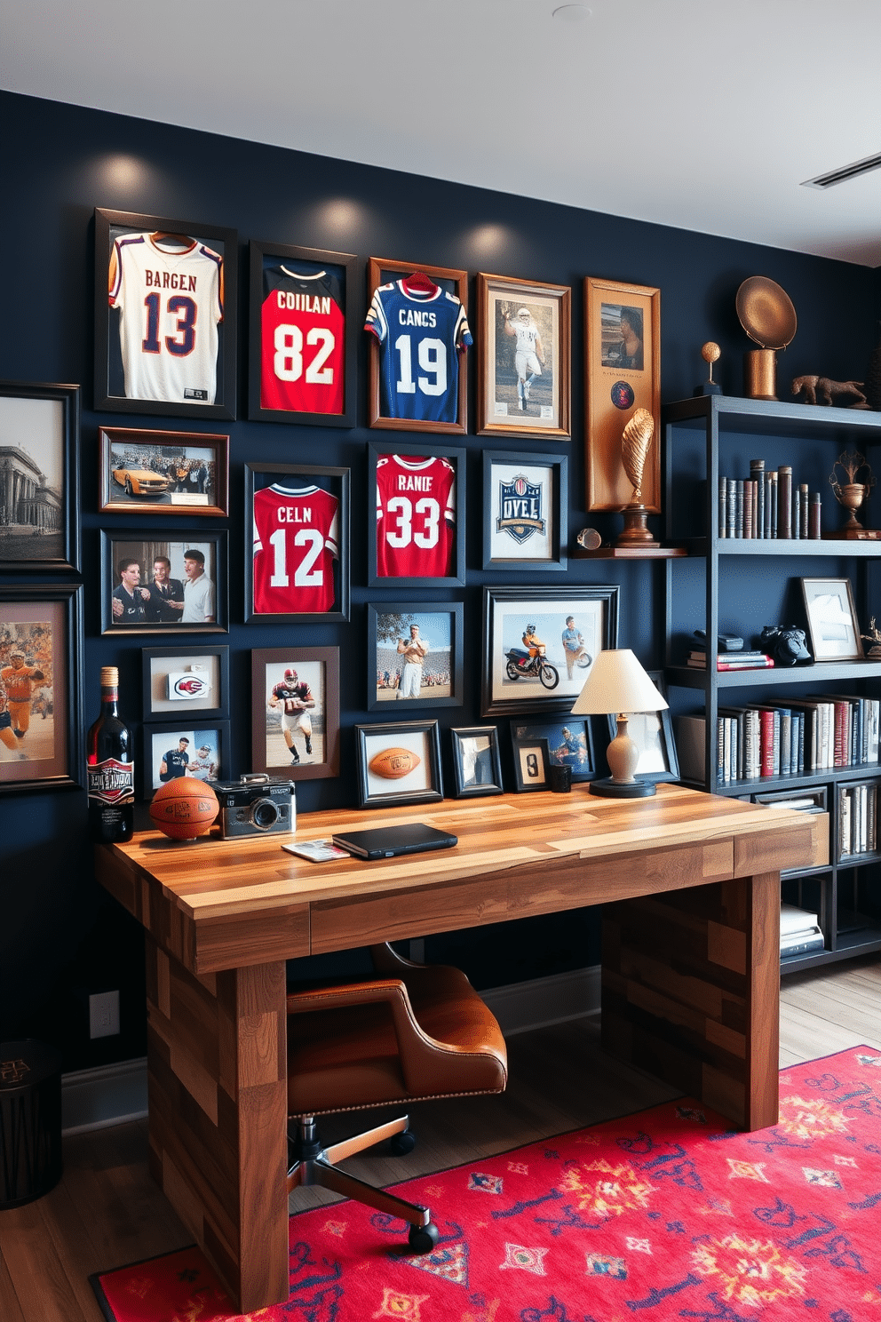 A gallery wall adorned with an eclectic mix of sports memorabilia, showcasing framed jerseys, signed photographs, and vintage equipment. The wall is painted in a deep navy blue, creating a striking contrast against the bright colors of the memorabilia, while spotlights highlight each piece. A man cave office design featuring a sleek, modern desk made of reclaimed wood, paired with a comfortable leather chair. The room is accented with dark wood shelves filled with books and sports trophies, complemented by a vibrant area rug that adds warmth to the industrial-style space.