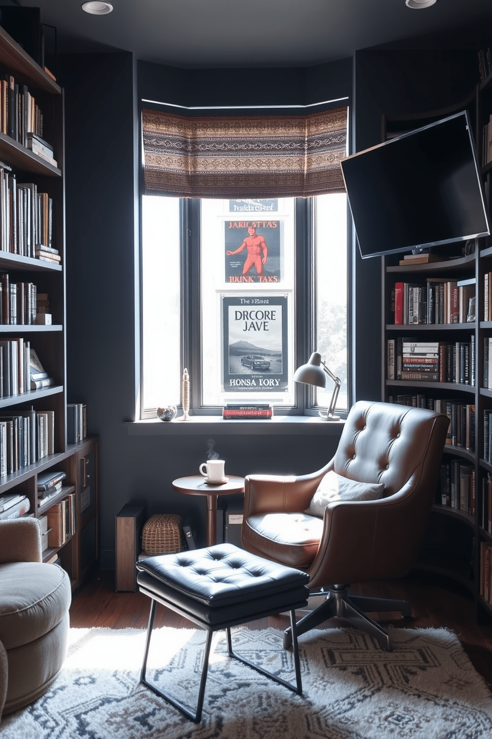 Cozy reading nook with bookshelves. A plush armchair is positioned near a large window, bathed in natural light, with a small side table holding a steaming cup of tea. Surrounding the nook are floor-to-ceiling bookshelves filled with an eclectic mix of books and decorative items, while a soft area rug adds warmth to the space. Man Cave Office Design Ideas. The room features a sleek desk made of reclaimed wood, paired with a comfortable leather chair, creating a perfect workspace. Dark walls adorned with vintage posters and a mounted flat-screen TV provide an inviting atmosphere for relaxation and productivity.