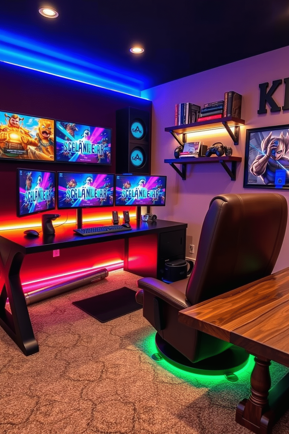 A high-tech gaming setup features a sleek black desk with multiple monitors displaying vibrant game graphics. LED lights in various colors illuminate the space, creating an immersive atmosphere that enhances the gaming experience. The man cave office design combines comfort and style with a plush leather recliner and a rustic wooden desk. Wall-mounted shelves display gaming memorabilia and books, while ambient lighting adds a cozy touch to the overall aesthetic.