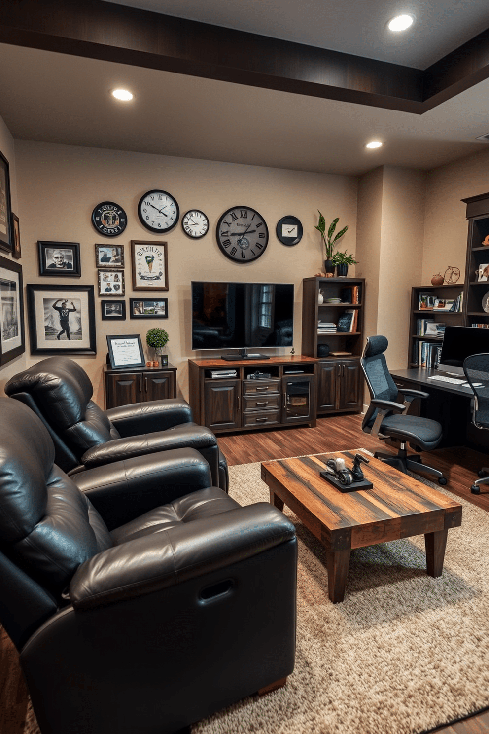 A cozy man cave office featuring two plush recliners upholstered in dark leather, positioned in front of a rustic wooden coffee table. The walls are adorned with framed sports memorabilia, and a large flat-screen TV is mounted above a sleek media console. The office area includes a modern desk with a stylish ergonomic chair, complemented by bookshelves filled with novels and decorative items. Soft ambient lighting creates a warm atmosphere, while a plush area rug adds comfort underfoot.