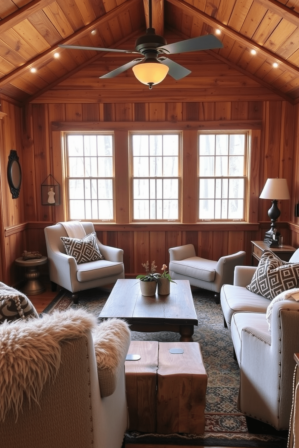 A rustic man cave shed design featuring warm wood paneling that creates an inviting atmosphere. Cozy seating arrangements with plush, oversized chairs and a reclaimed wood coffee table invite relaxation and conversation.