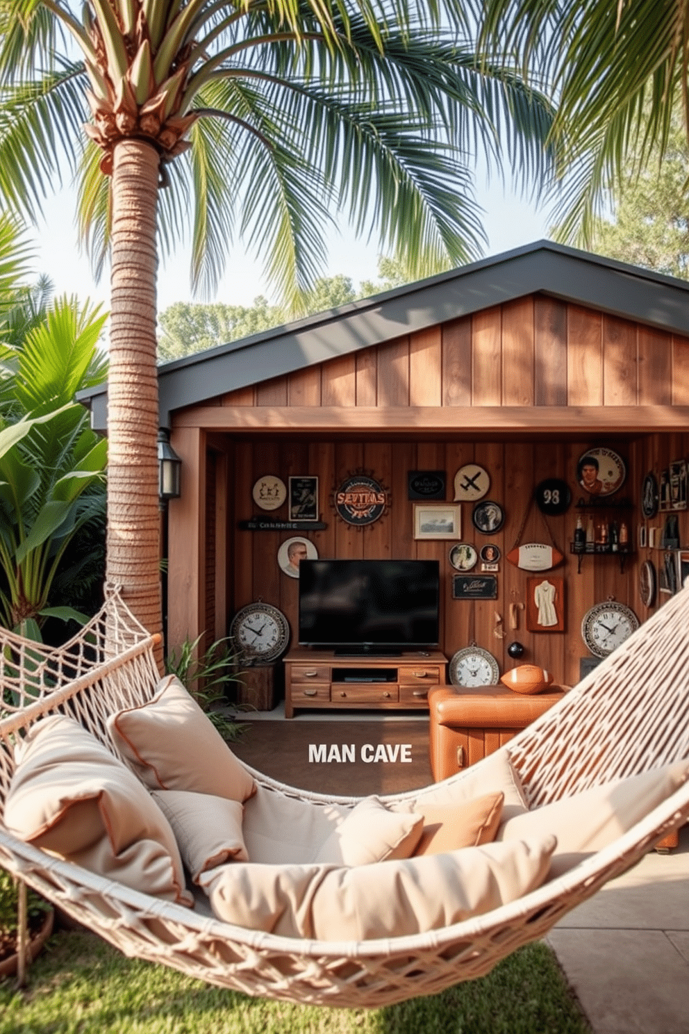 A cozy hammock is suspended between two palm trees, surrounded by lush greenery. Soft cushions in muted earth tones are scattered on the hammock, inviting you to unwind and enjoy the serene atmosphere. The man cave shed features rustic wooden walls adorned with vintage sports memorabilia. Inside, a plush leather sofa faces a large flat-screen TV, while a wooden bar cart stocked with drinks adds a touch of sophistication.