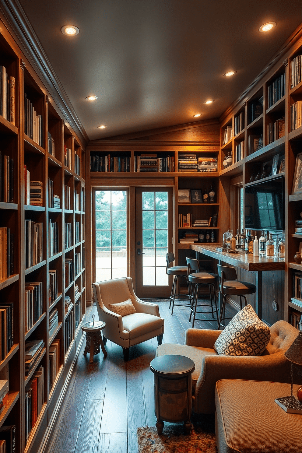 A cozy personal library featuring built-in bookshelves that stretch from floor to ceiling, filled with an eclectic mix of books and decorative items. Soft, warm lighting highlights the rich wood tones of the shelves, while a comfortable reading nook with a plush armchair and a small side table creates an inviting atmosphere. A stylish man cave shed designed for relaxation and entertainment, showcasing a rustic wooden bar with high stools and a selection of spirits displayed on shelves. The interior features comfortable seating, vintage decor, and large windows that allow natural light to flood the space, creating a perfect retreat for gatherings with friends.