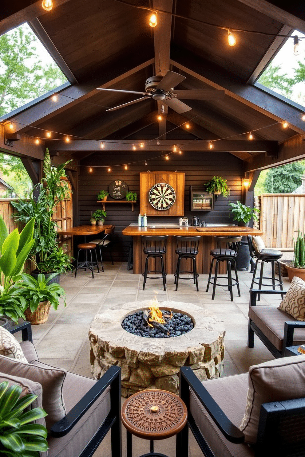 Outdoor patio area with fire pit. The space features a circular stone fire pit surrounded by comfortable, weather-resistant seating. Lush greenery and potted plants create a serene atmosphere, while string lights overhead add a warm glow during the evening. Man Cave Shed Design Ideas. The interior showcases a rustic wooden bar with high stools, complemented by a vintage dartboard and a cozy lounge area with plush seating. Dark wood paneling and industrial-style lighting enhance the masculine vibe, making it a perfect retreat for relaxation and entertainment.