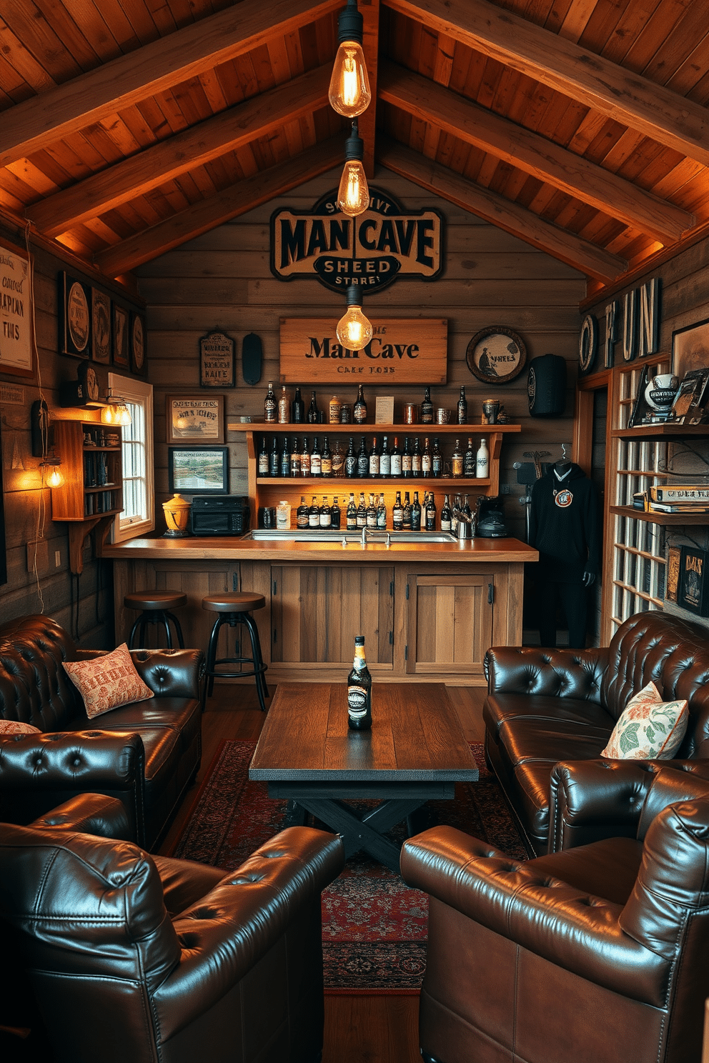 A cozy man cave shed designed for relaxation and entertainment. The interior features a rustic wooden bar stocked with favorite beverages, complemented by high-top stools and vintage signage adorning the walls. Comfortable leather seating is arranged around a coffee table, perfect for game nights or watching sports. Ambient lighting with Edison bulbs creates a warm atmosphere, while shelves display memorabilia and personal collections that reflect the owner's hobbies.