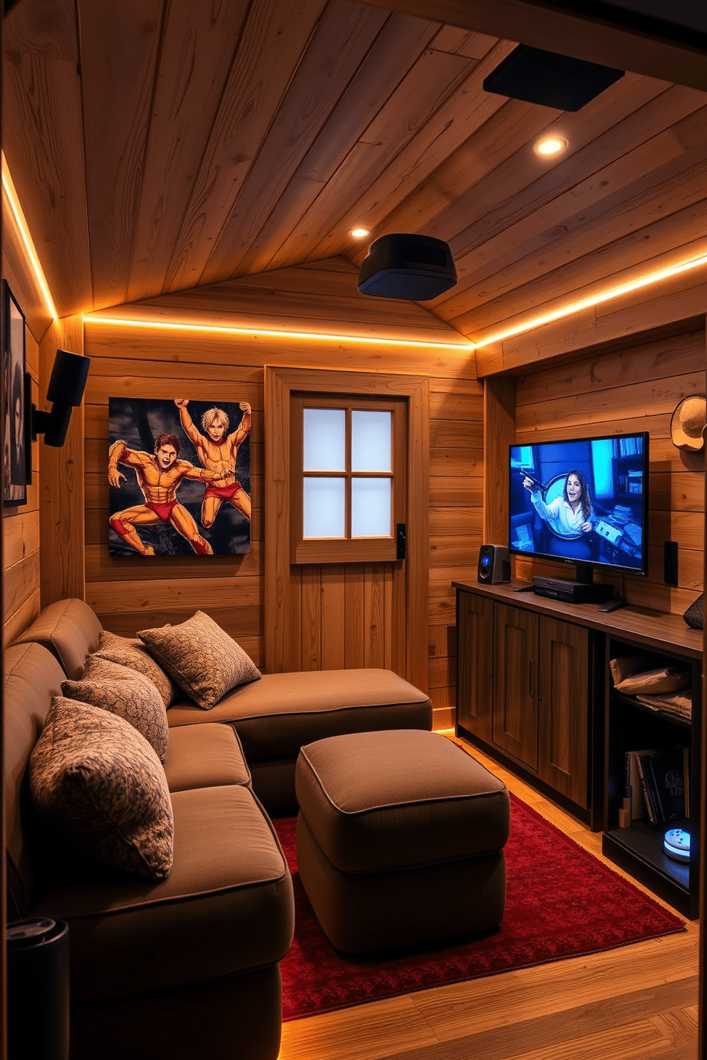 A cozy man cave shed designed for relaxation and entertainment. The interior features plush seating with integrated mood lighting, creating a warm ambiance for movie nights or gaming sessions. Smart home technology enhances the experience, with voice-controlled lighting and a sound system seamlessly integrated into the design. Rustic wooden accents and a mini bar complete the inviting atmosphere, making it the perfect retreat.