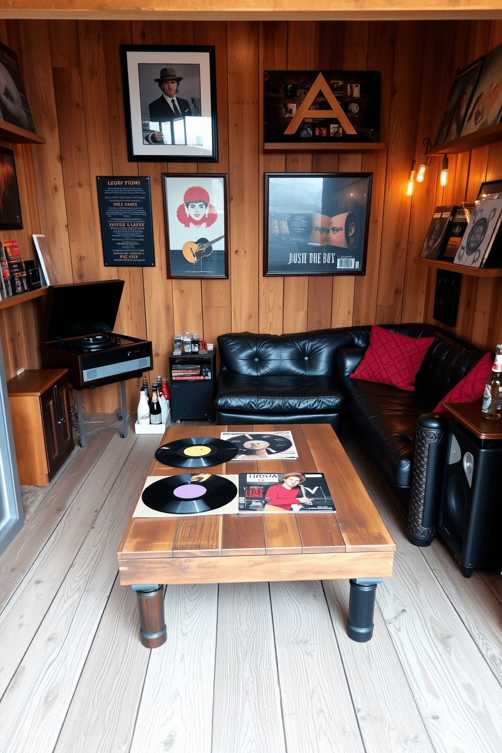 A vintage record player sits prominently in the corner of a cozy man cave shed, surrounded by a curated collection of vinyl records displayed on rustic wooden shelves. The walls are adorned with music-themed artwork, and a plush leather sofa invites relaxation, while warm ambient lighting creates an inviting atmosphere. In the center of the shed, a reclaimed wood coffee table holds a few classic vinyl albums, alongside a set of vintage speakers that enhance the nostalgic vibe. The flooring features a distressed wood finish, complementing the overall aesthetic, while a small bar area stocked with drinks adds a touch of convenience for entertaining guests.