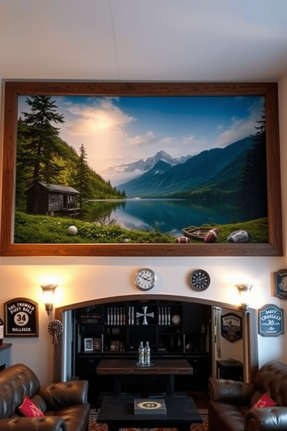 A stunning wall mural depicting a serene mountain landscape, with lush greenery and a tranquil lake reflecting the sky. The scene is framed by a modern wooden frame, creating a seamless blend between art and the surrounding decor. A cozy man cave shed designed for relaxation and entertainment, featuring comfortable leather seating and a rustic wooden bar. The walls are adorned with vintage sports memorabilia, and ambient lighting creates a warm, inviting atmosphere.