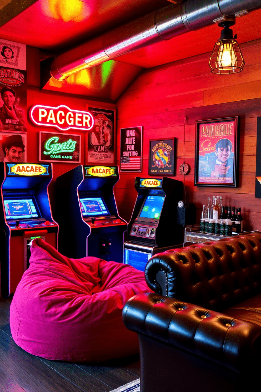 A vintage arcade game corner featuring classic arcade machines illuminated by vibrant neon lights. The walls are adorned with retro posters, and a plush, oversized bean bag chair sits in the corner for comfortable gaming. The man cave shed is designed with a rustic aesthetic, showcasing reclaimed wood paneling and industrial-style lighting fixtures. A cozy seating area with a leather sofa and a small bar cart stocked with beverages creates an inviting atmosphere for relaxation and entertainment.