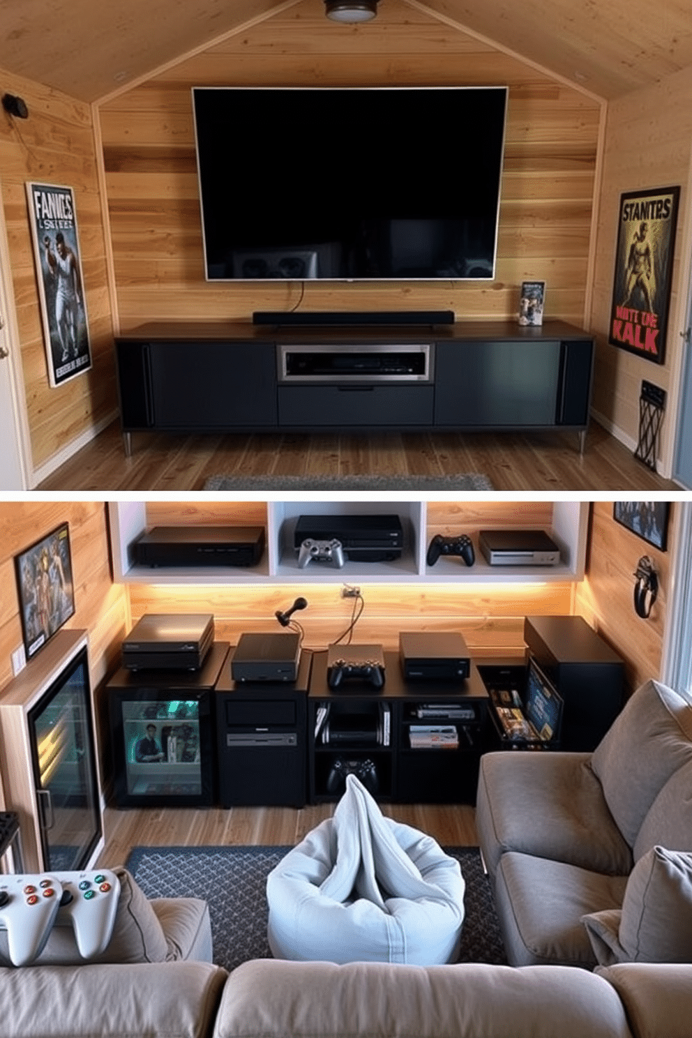 A modern game console setup features a sleek, wall-mounted TV above a stylish media console, with gaming consoles neatly arranged below. Comfortable seating options, such as a plush sectional sofa and bean bags, create an inviting atmosphere for friends to gather and enjoy gaming sessions. The man cave shed design incorporates rustic wooden walls adorned with vintage gaming posters and ambient lighting for a cozy vibe. A mini-fridge stocked with snacks and drinks complements the space, while a dedicated gaming area with a large screen and sound system enhances the entertainment experience.