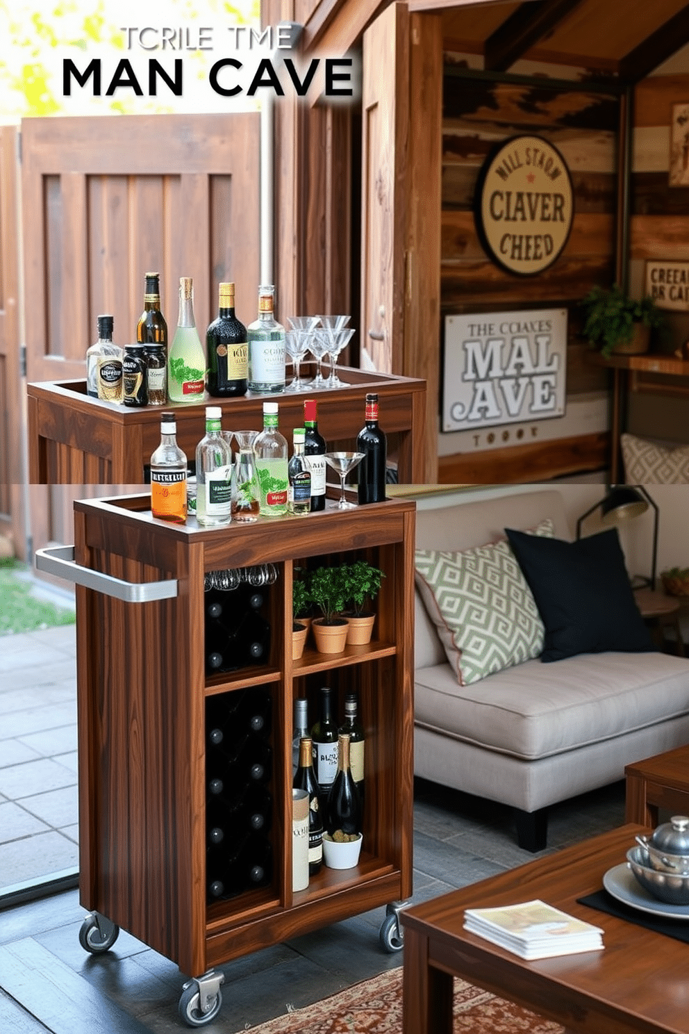 A personalized bar cart for cocktail mixing features a sleek, modern design with a rich walnut finish. It includes a built-in wine rack, stylish glass holders, and an assortment of high-end cocktail tools, all arranged artfully with decorative bottles and fresh herbs for garnish. The Man Cave Shed is designed as a cozy retreat with rustic charm, featuring reclaimed wood walls and vintage decor. Comfortable seating is arranged around a central coffee table, and ambient lighting creates a warm atmosphere, perfect for relaxing or entertaining friends.