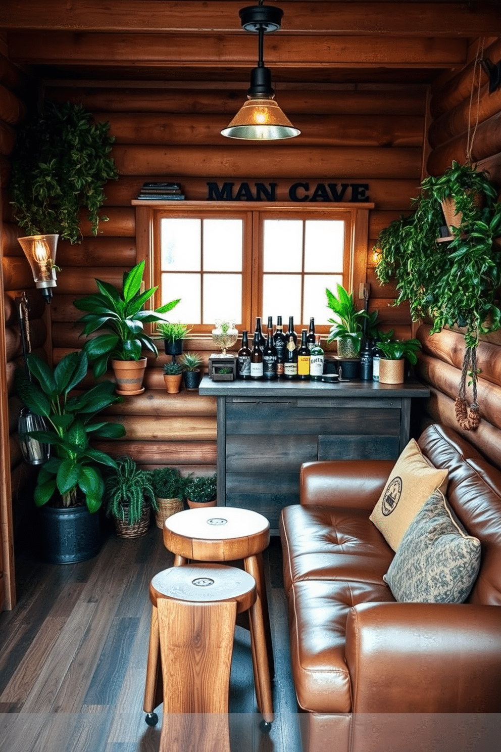 A cozy man cave shed featuring rustic wooden walls and a comfortable leather sofa. The space is adorned with nature-inspired elements, including various indoor plants that bring a touch of greenery and life to the room. In one corner, a small wooden bar is stocked with craft beers and whiskey, complemented by bar stools made of reclaimed wood. Soft lighting from vintage-style lamps creates a warm and inviting atmosphere, perfect for relaxation and entertainment.