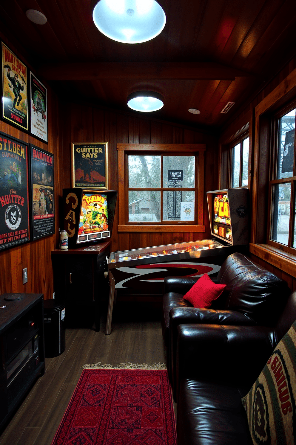 A classic pinball machine sits prominently in a cozy man cave, surrounded by vintage posters and dim lighting that creates a relaxed atmosphere. The walls are adorned with rich wood paneling, and a plush leather sofa invites friends to gather and enjoy nostalgic gaming moments. The shed is designed as a retreat with a rustic charm, featuring reclaimed wood accents and large windows that let in natural light. A small bar area complements the pinball machine, stocked with retro snacks and drinks for an authentic gaming experience.