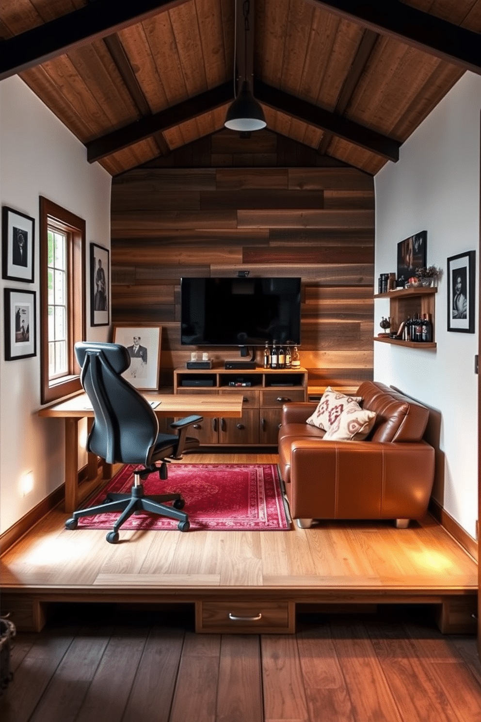 Shed-to-office conversion for remote work: A cozy office space transformed from a garden shed, featuring a large wooden desk positioned against a window that lets in natural light. The walls are painted in a soft white, adorned with inspirational artwork, and a comfortable ergonomic chair complements the workspace. Man Cave Shed Design Ideas: A stylish man cave inside a rustic shed, showcasing a plush leather sofa facing a large flat-screen TV mounted on a reclaimed wood wall. The space is enhanced with a mini-bar area stocked with beverages, and ambient lighting creates a warm, inviting atmosphere for relaxation and entertainment.