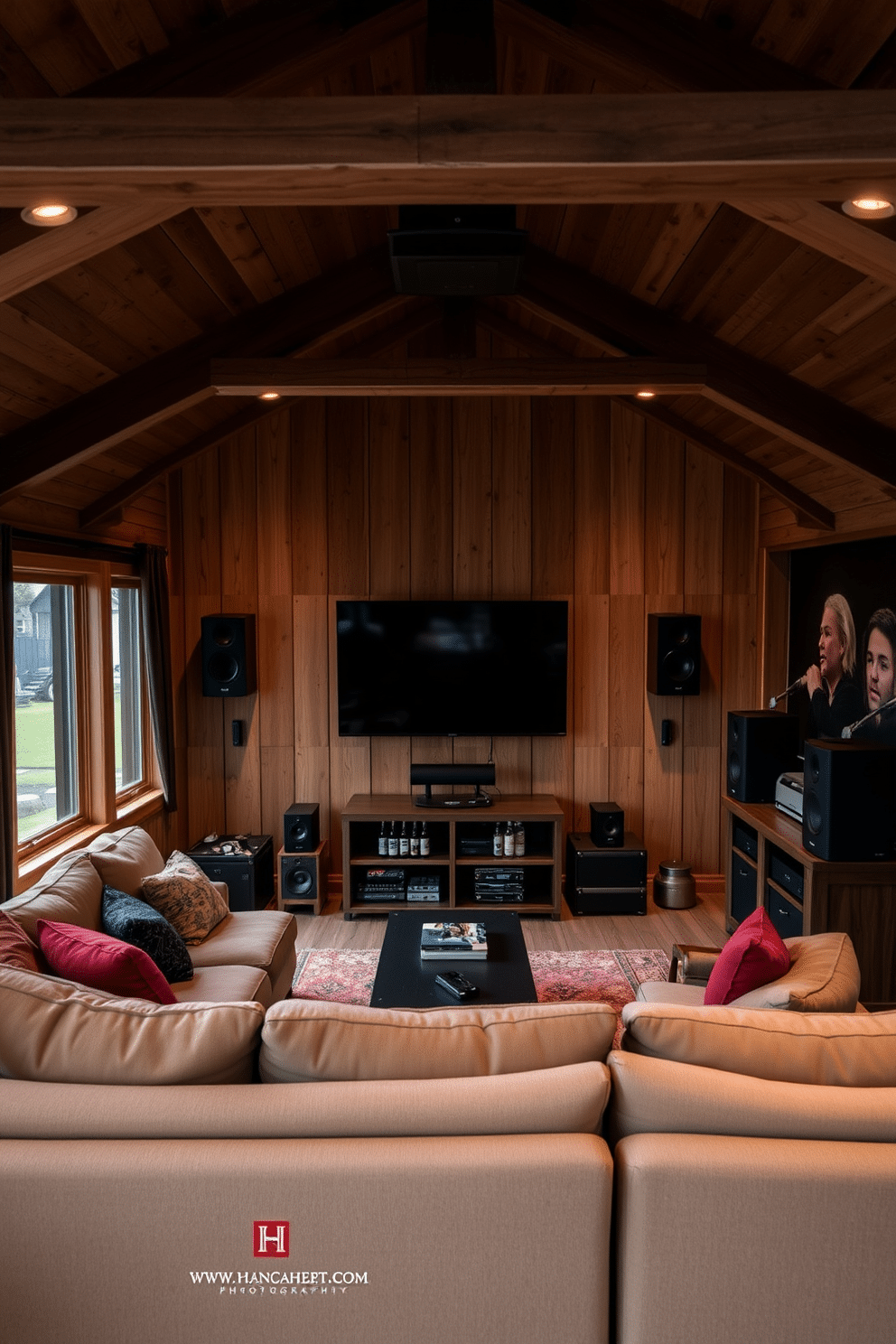 A customized sound system is integrated into a cozy man cave shed, featuring plush seating arranged around a large flat-screen TV. The walls are adorned with acoustic panels, while strategically placed speakers ensure an immersive audio experience, complemented by ambient lighting that enhances the mood. The shed design incorporates rustic wood finishes, with a bar area stocked with beverages and snacks for entertaining guests. Large windows allow natural light to flood the space, while blackout curtains provide the option for a cinematic experience during movie nights.