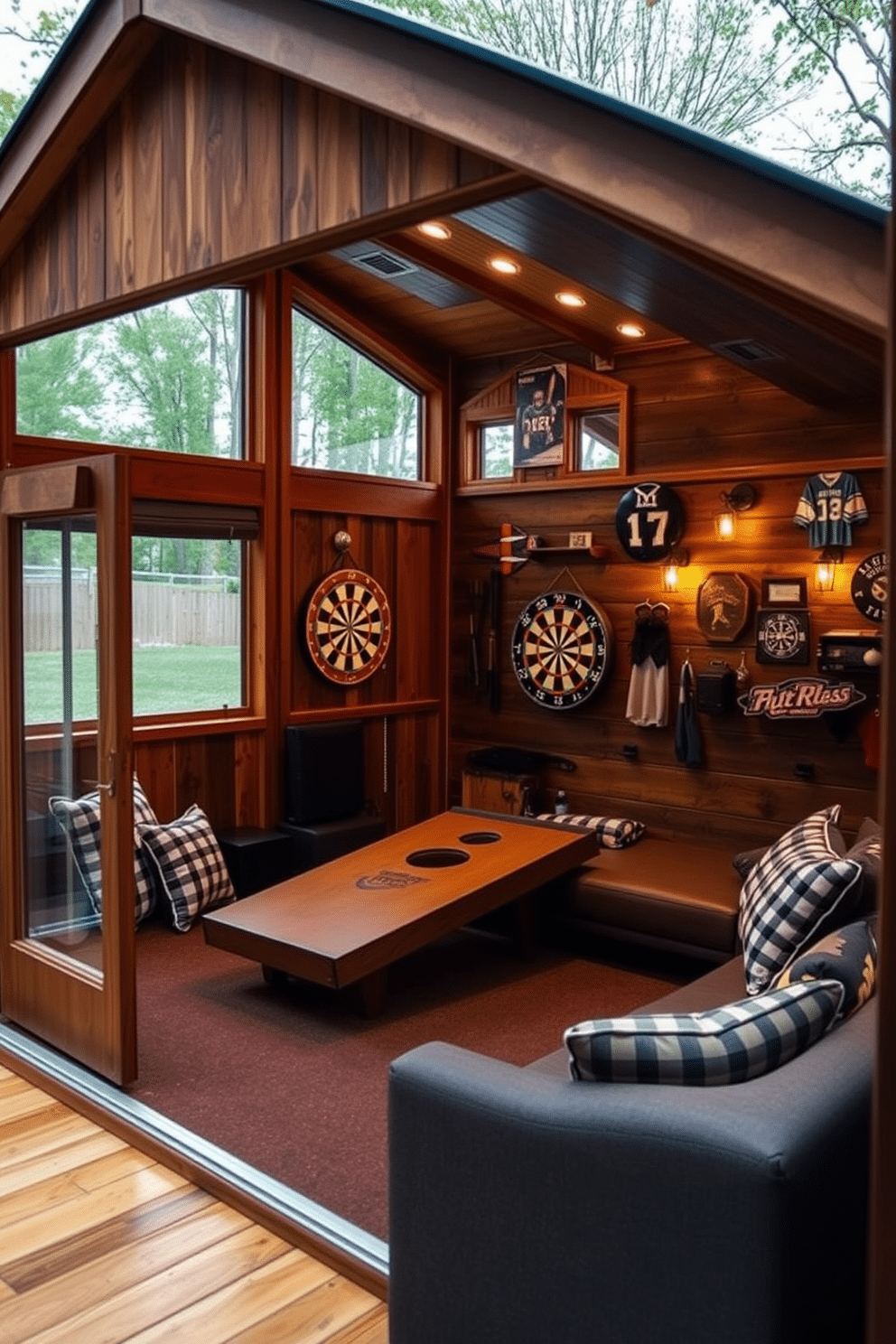 A stylish man cave shed designed for outdoor games such as darts and cornhole. The shed features a rustic wooden exterior with large windows, allowing natural light to flood the space. Inside, a dedicated game area showcases a custom-built dartboard and a cornhole setup, surrounded by comfortable seating. The walls are adorned with sports memorabilia, and ambient lighting creates a cozy atmosphere for gatherings.