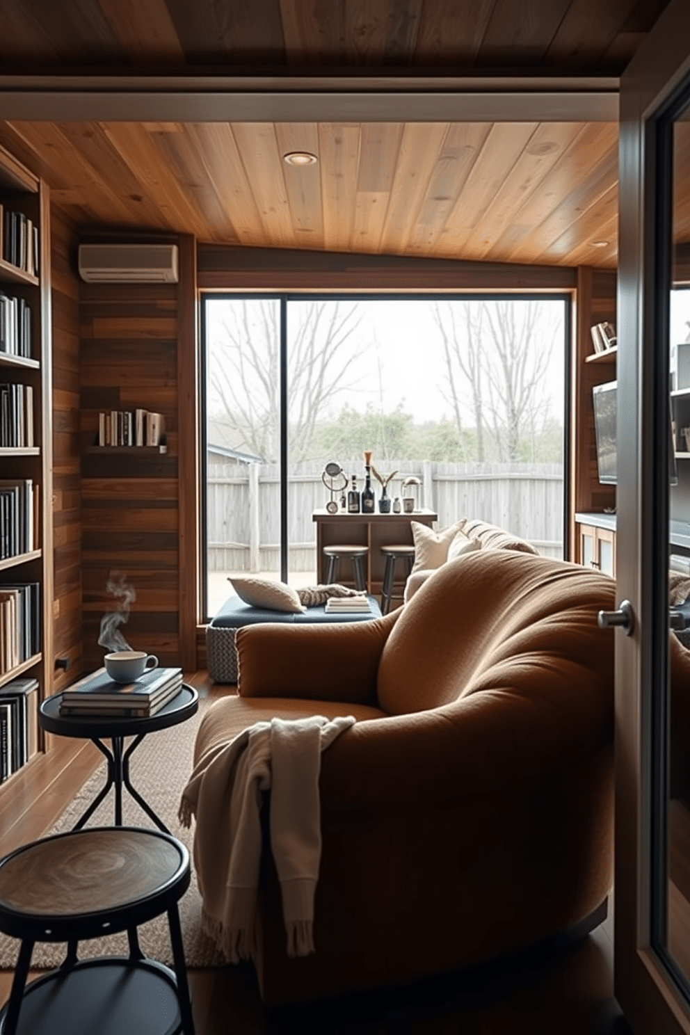 Cozy reading nook with oversized chair. A plush oversized armchair in a warm, textured fabric is positioned near a large window, allowing natural light to flood the space. A small side table holds a stack of books and a steaming cup of tea, while a soft throw blanket drapes over the chair. The walls are adorned with shelves filled with books and personal mementos, creating an inviting atmosphere for relaxation. Man Cave Shed Design Ideas. The shed features a rustic wooden exterior with a welcoming entrance, leading into a spacious interior designed for relaxation and entertainment. Inside, a comfortable sectional sofa faces a large flat-screen TV mounted on a reclaimed wood wall, while a bar area with stools serves as the perfect spot for drinks and snacks.