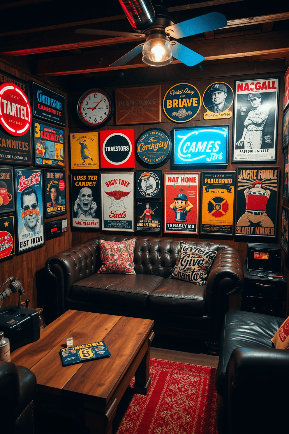 A cozy man cave shed adorned with vintage signs and posters that reflect personal interests and hobbies. The walls are lined with an eclectic mix of retro advertisements and classic movie posters, creating a vibrant and nostalgic atmosphere. The seating area features a comfortable leather sofa, paired with a reclaimed wood coffee table that showcases memorabilia. Dim lighting from industrial-style fixtures enhances the relaxed vibe, making it the perfect retreat for leisure and entertainment.