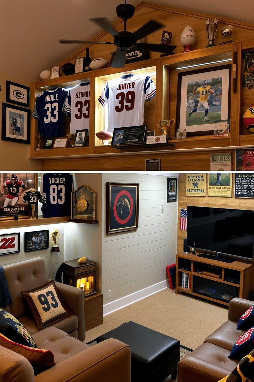 A sports memorabilia display featuring custom shelving that showcases a variety of signed jerseys, framed photographs, and collectible trophies. The shelves are crafted from reclaimed wood, adding a rustic touch, while LED strip lights illuminate the items, creating an eye-catching focal point in the room. A man cave shed designed for relaxation and entertainment, complete with comfortable seating, a mini bar, and a large flat-screen TV. The interior is adorned with vintage sports posters and ambient lighting, providing a cozy atmosphere for watching games or hosting friends.