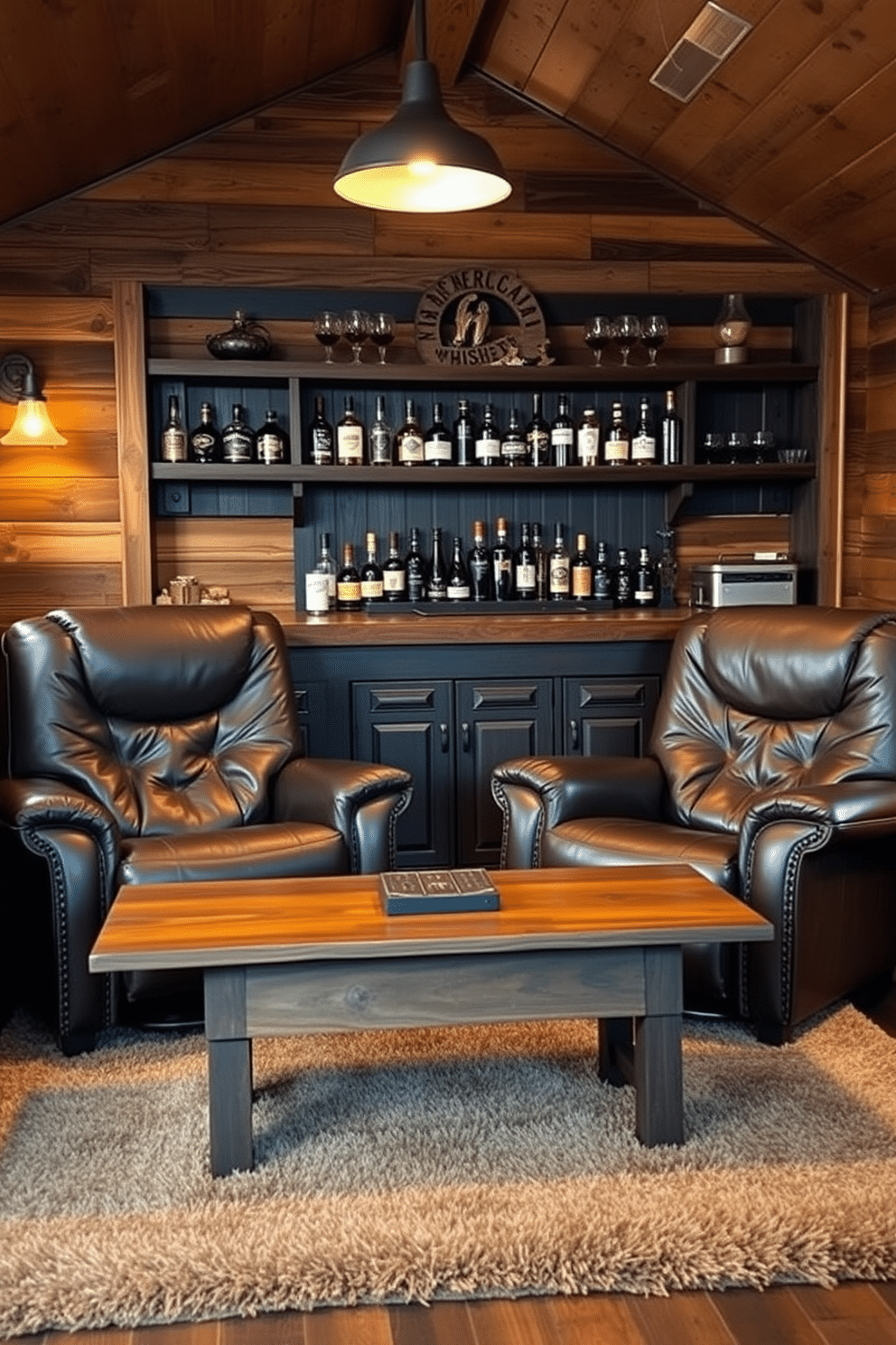 A cozy man cave shed features two luxurious leather recliners positioned for optimal relaxation, facing a rustic wooden coffee table. Behind the recliners, a well-stocked whiskey bar showcases an array of premium spirits, neatly arranged on dark wood shelves adorned with vintage glassware. The walls are clad in reclaimed barn wood, creating a warm and inviting atmosphere, while soft, ambient lighting enhances the overall comfort of the space. A plush area rug in earthy tones anchors the seating area, inviting friends to gather and enjoy a night of camaraderie.