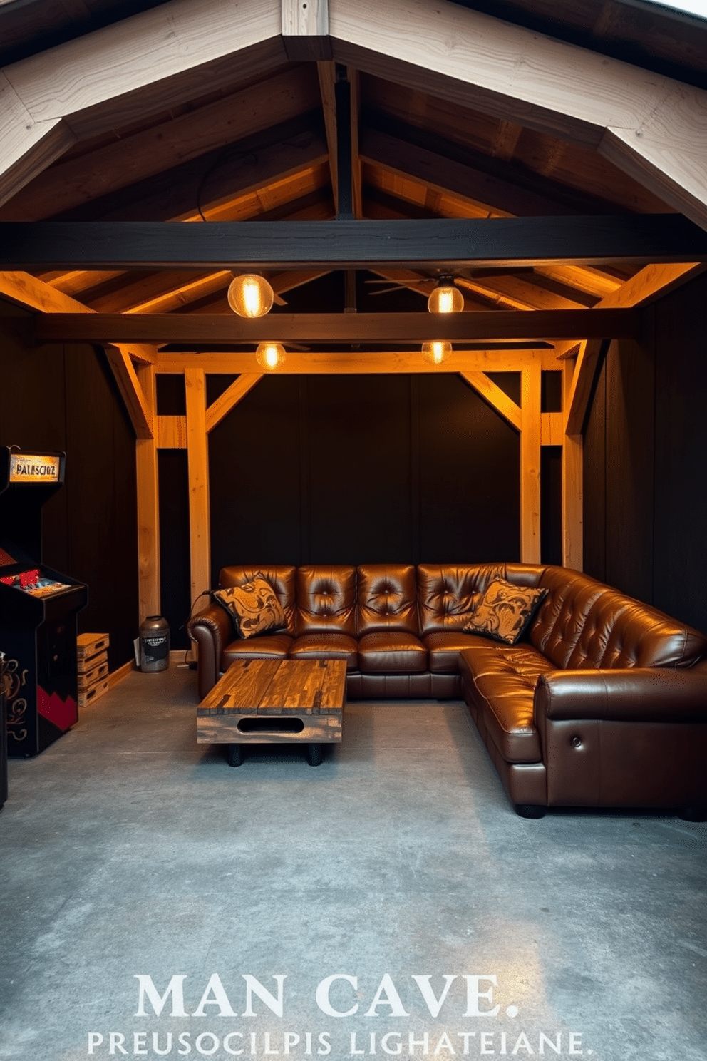 A cozy man cave shed designed with industrial-style lighting, featuring exposed wooden beams that enhance the rustic charm. The space includes a large leather sectional sofa, a reclaimed wood coffee table, and a vintage arcade game for entertainment. The walls are adorned with dark, textured panels, and the floor is finished with polished concrete for an edgy look. Ambient lighting fixtures hang from the beams, providing a warm glow that complements the overall industrial aesthetic.