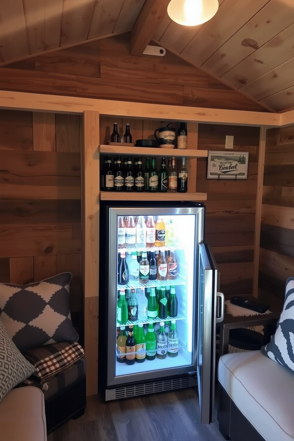 A cozy man cave shed features a mini fridge stocked with favorite beverages, strategically placed for easy access. The interior is adorned with rustic wood paneling, comfortable seating, and ambient lighting to create a relaxed atmosphere.