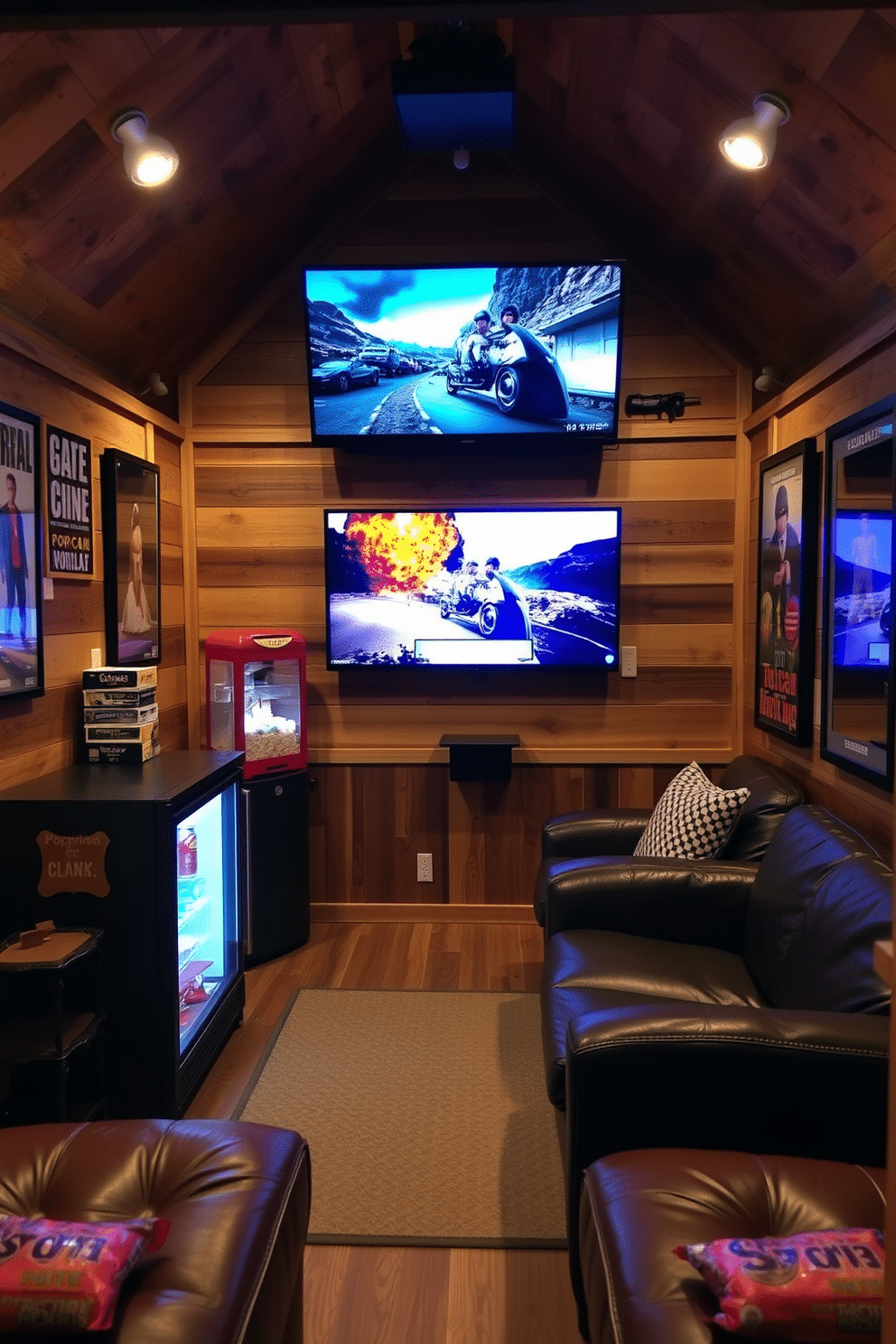 A cozy man cave shed designed for ultimate relaxation features a wall-mounted TV positioned for optimal viewing. The interior is adorned with rustic wooden paneling, comfortable leather seating, and ambient lighting to create a welcoming atmosphere for movie nights. The layout includes a mini-fridge stocked with snacks and drinks, conveniently placed near the seating area. A vintage popcorn machine adds a fun touch, while framed movie posters line the walls, enhancing the cinematic experience.