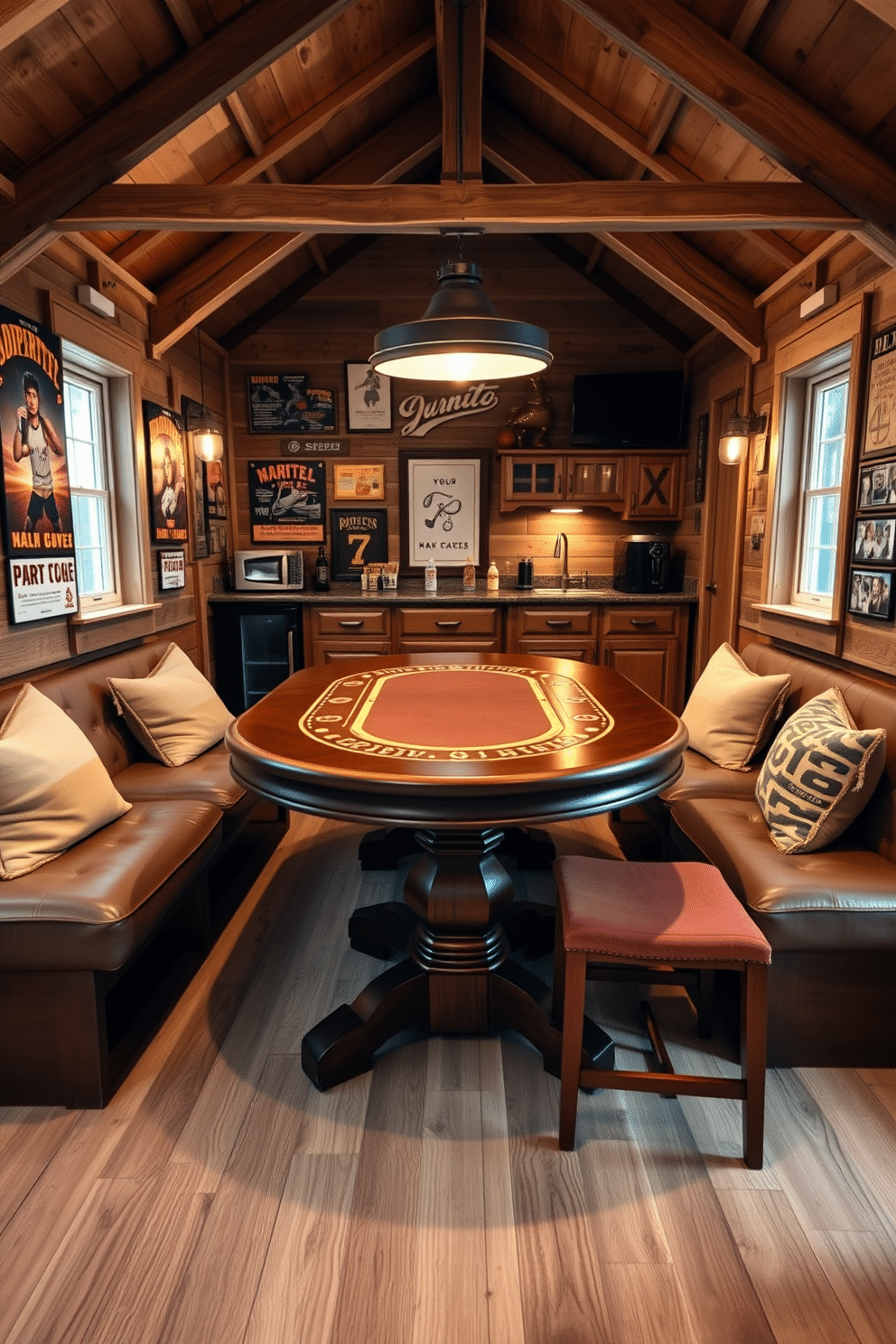 A stylish game table designed for poker or board games. The table features a rich mahogany finish with plush, upholstered seating around it, creating an inviting atmosphere for friends and family. The walls of the man cave shed are adorned with vintage posters and memorabilia, enhancing the relaxed vibe. Soft ambient lighting complements the rustic wooden beams overhead, while a mini-fridge and snack bar add convenience for game nights.