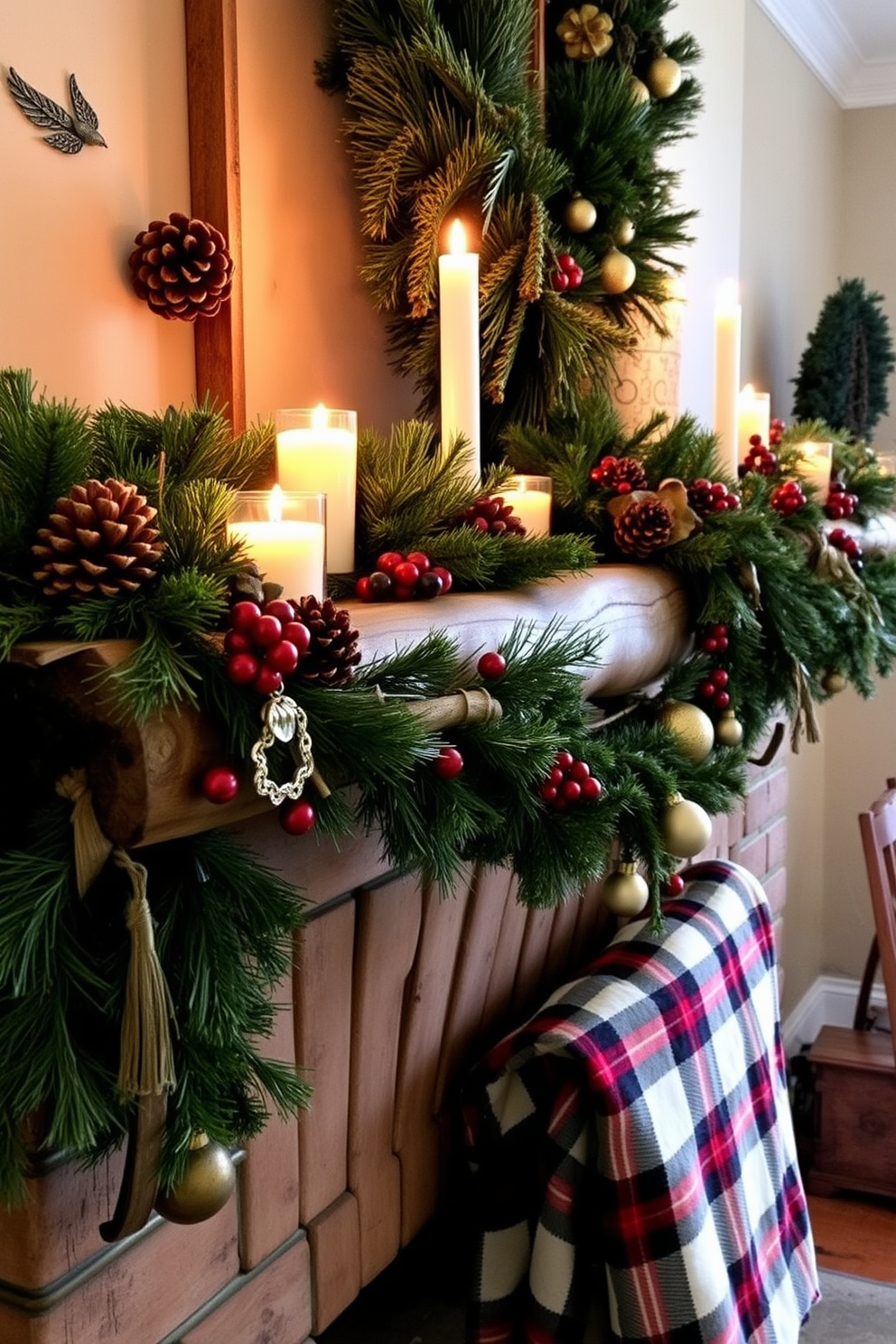 A rustic wood garland adorned with pinecones and vibrant red berries drapes elegantly across the mantel, creating a warm and inviting holiday atmosphere. Flickering candles in assorted heights are placed strategically along the garland, casting a soft glow that enhances the natural beauty of the wood and accents. The mantel is complemented by a collection of vintage ornaments and small evergreen arrangements, adding layers of texture and color. A cozy plaid blanket is casually folded at one end, inviting family and friends to gather and enjoy the festive spirit.