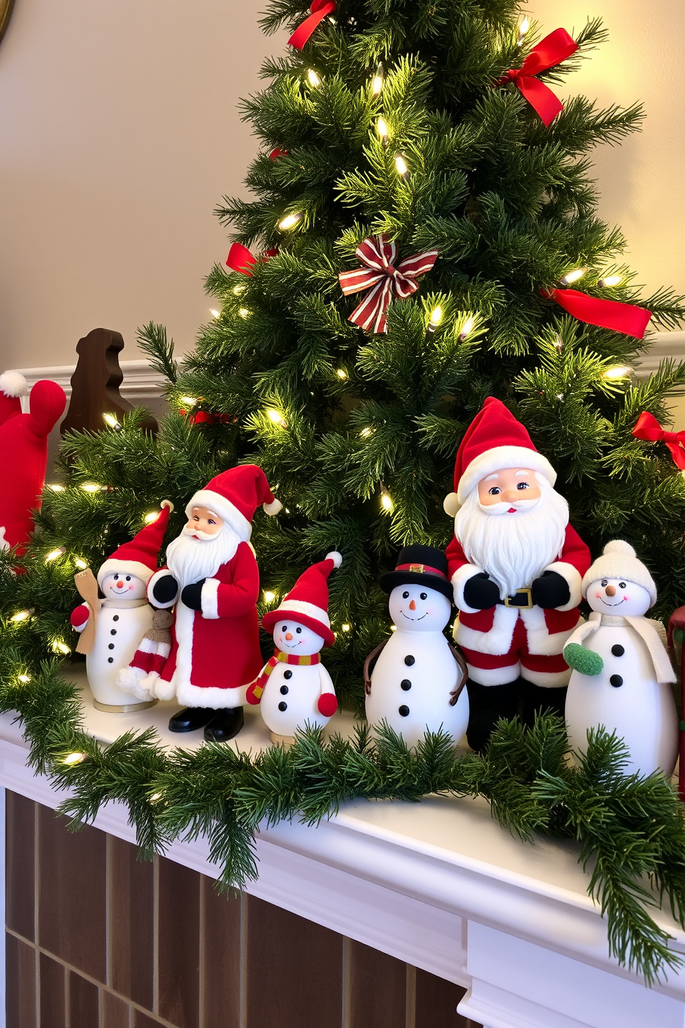 Classic Santa figurines are arranged alongside cheerful snowmen on a beautifully decorated mantel. The backdrop features a rich evergreen garland adorned with twinkling white lights and red ribbon accents, creating a festive and warm atmosphere.