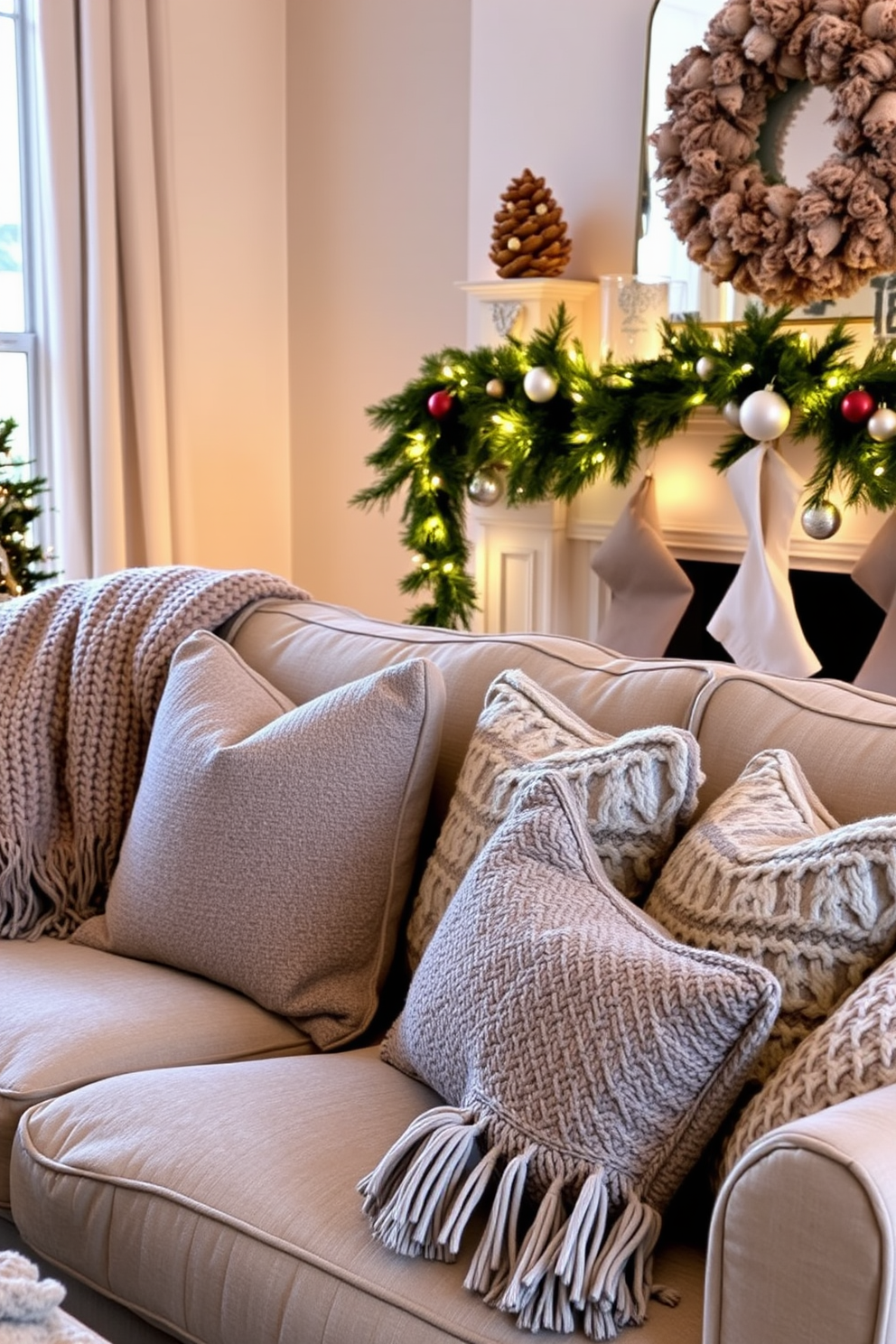 A cozy living room setting filled with layered textures, featuring a plush sofa adorned with knitted blankets and an array of decorative pillows in various patterns and colors. Soft ambient lighting casts a warm glow, enhancing the inviting atmosphere and highlighting the tactile richness of the textiles. A beautifully decorated mantel for Christmas, showcasing a mix of natural elements and festive decor. Evergreen garlands drape elegantly across the mantel, complemented by twinkling fairy lights and an assortment of decorative ornaments, creating a charming holiday focal point.