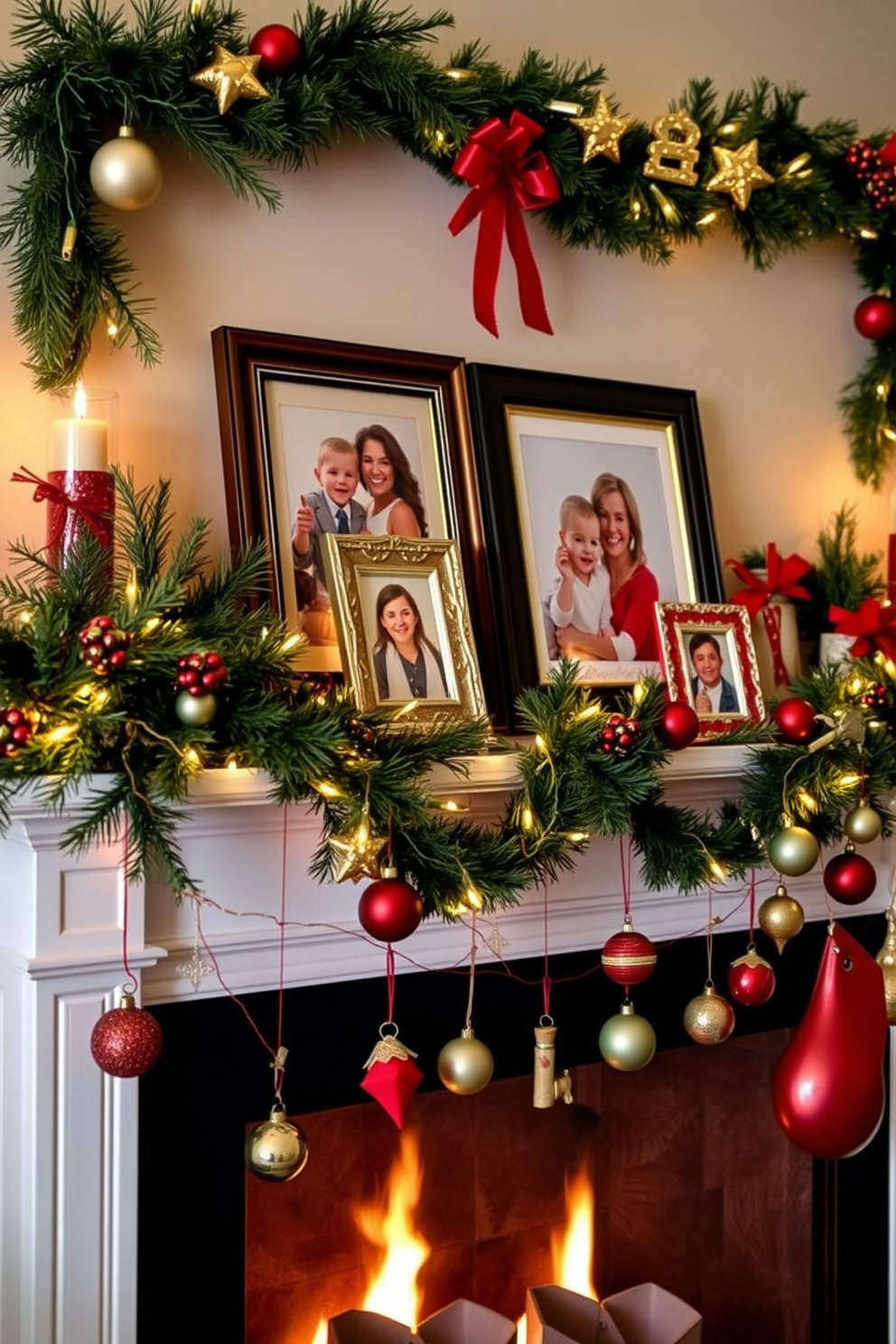 Charming photos in festive frames are artfully arranged on a beautifully decorated mantel. The mantel is adorned with evergreen garlands, twinkling fairy lights, and an array of colorful ornaments that capture the spirit of the holiday season.