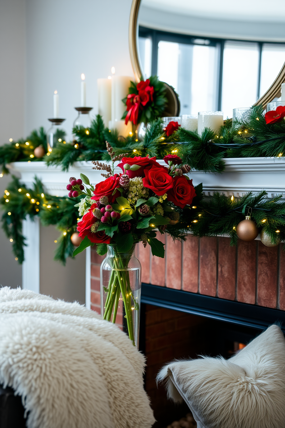 A cozy living room adorned for the holidays features a beautifully decorated mantel. Glass vases filled with seasonal florals in rich reds and greens are artfully arranged, complemented by twinkling fairy lights and evergreen garlands. The mantel is crowned with an array of festive decorations, including candles and small ornaments. A plush, warm throw drapes over the side, inviting guests to relax in this charming holiday setting.