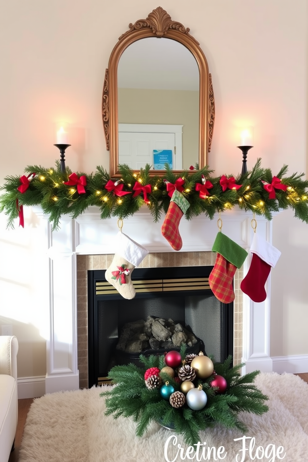 A cozy living room scene adorned for the holidays. Colorful stockings hung with festive clips decorate the mantel, which is draped with lush greenery and twinkling fairy lights. Above the mantel, a beautifully framed mirror reflects the warm glow of candles placed on either side. The fireplace is surrounded by a soft, plush rug, and a festive centerpiece of pinecones and ornaments adds a cheerful touch.