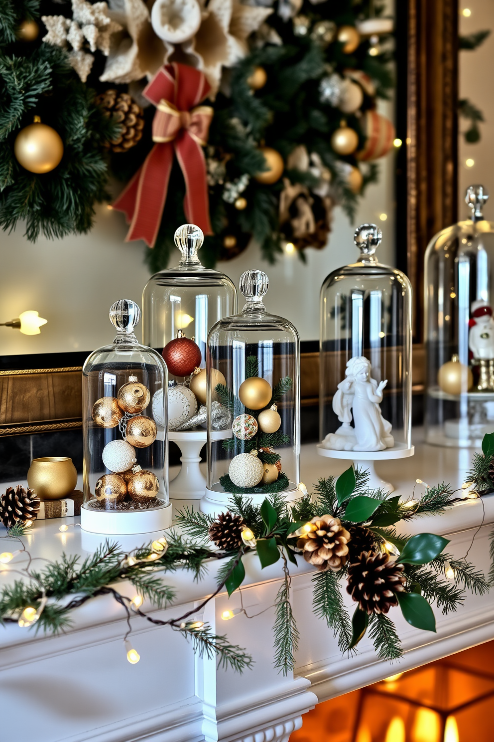 A charming mantel adorned with vintage ornaments arranged under elegant glass cloches creates a cozy holiday atmosphere. The cloches vary in height and size, showcasing a delightful mix of antique baubles, delicate figurines, and seasonal greenery, all set against a backdrop of a beautifully decorated fireplace. Soft, twinkling fairy lights drape along the mantel, enhancing the warm glow of the ornaments. Accents of natural elements, such as pinecones and sprigs of holly, are interspersed to bring a touch of the outdoors inside, completing the festive look.