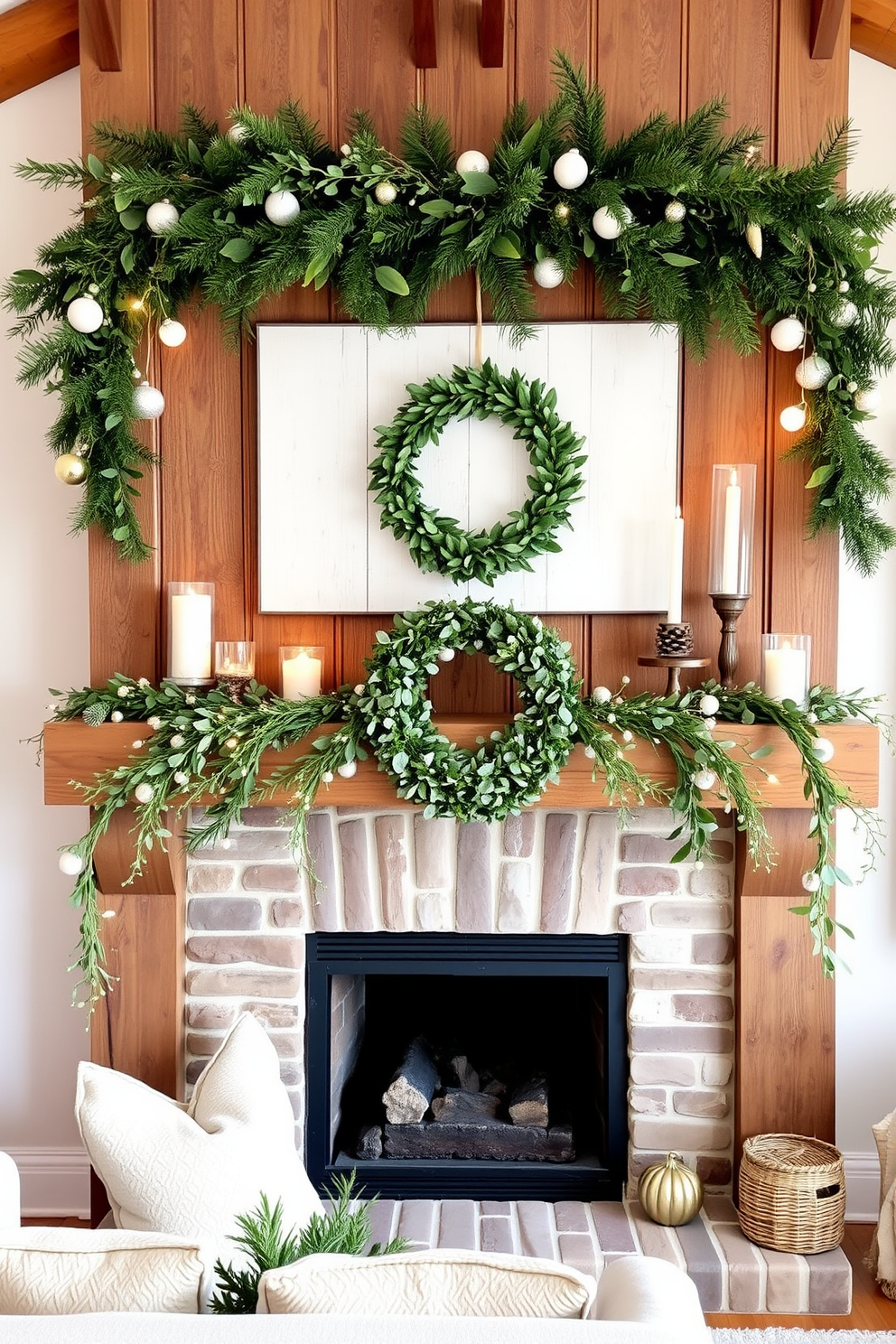 A cozy living room adorned for the holidays features a rustic wooden mantel decorated with natural elements like eucalyptus and pine. Sprigs of eucalyptus drape elegantly alongside pinecones and twinkling fairy lights, creating a warm and inviting atmosphere. Above the mantel, a beautiful garland of fresh pine branches intertwines with white and gold ornaments. A few carefully placed candles in varying heights add a soft glow, while a festive wreath made of eucalyptus hangs prominently in the center.