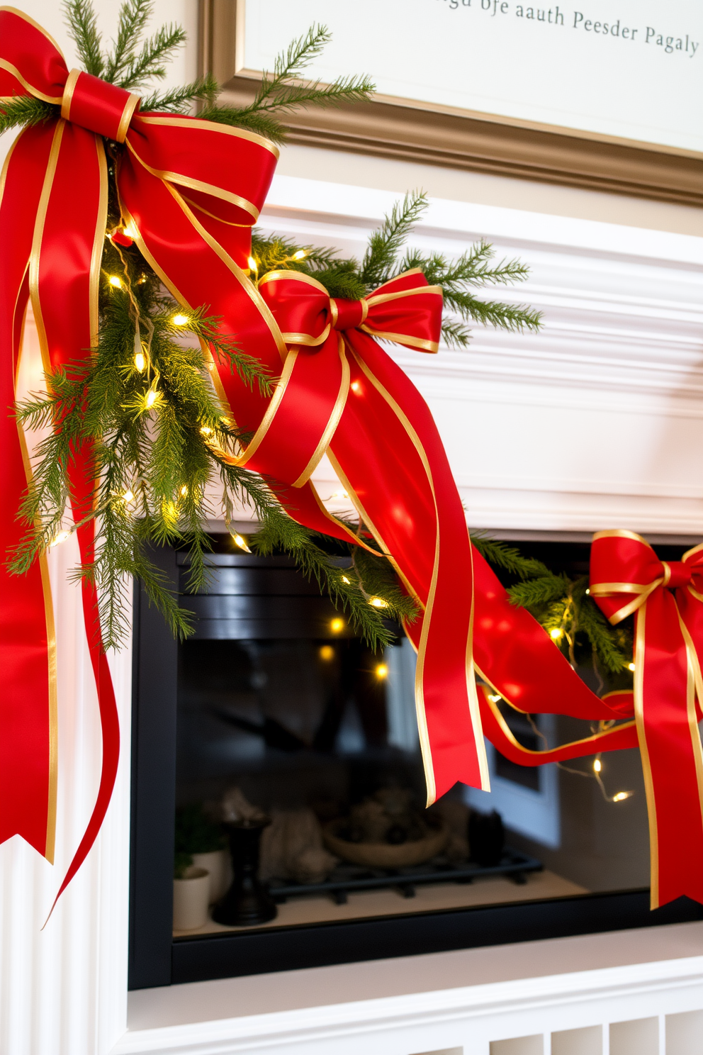 A festive mantel adorned with bold red and gold ribbons draped artfully creates a warm and inviting atmosphere. Sprigs of evergreen and twinkling fairy lights intertwine with the ribbons, enhancing the holiday spirit.