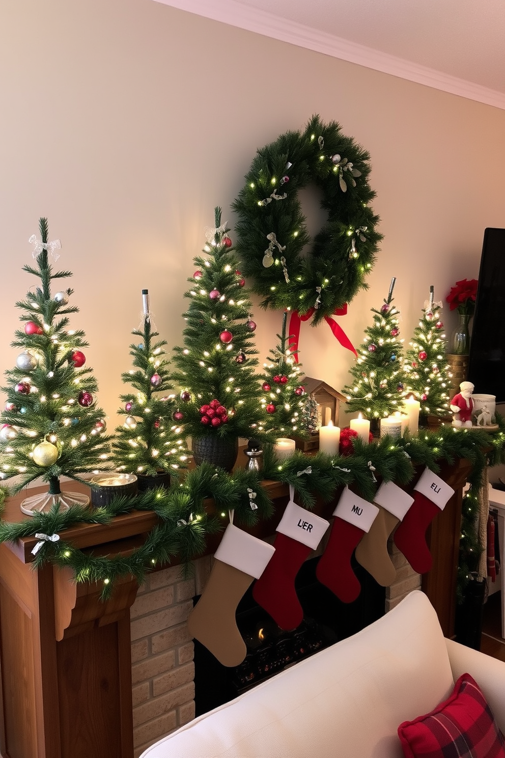 A cozy living room adorned with miniature Christmas trees in varied heights, each decorated with twinkling fairy lights and colorful ornaments. The trees are strategically placed on a rustic wooden mantel, which is draped with garlands of pine and accented with festive candles and seasonal decorations. The mantel features a beautiful arrangement of holiday-themed decor, including stockings hung with care and a charming nativity scene. Soft, warm lighting illuminates the space, creating an inviting atmosphere perfect for holiday gatherings.