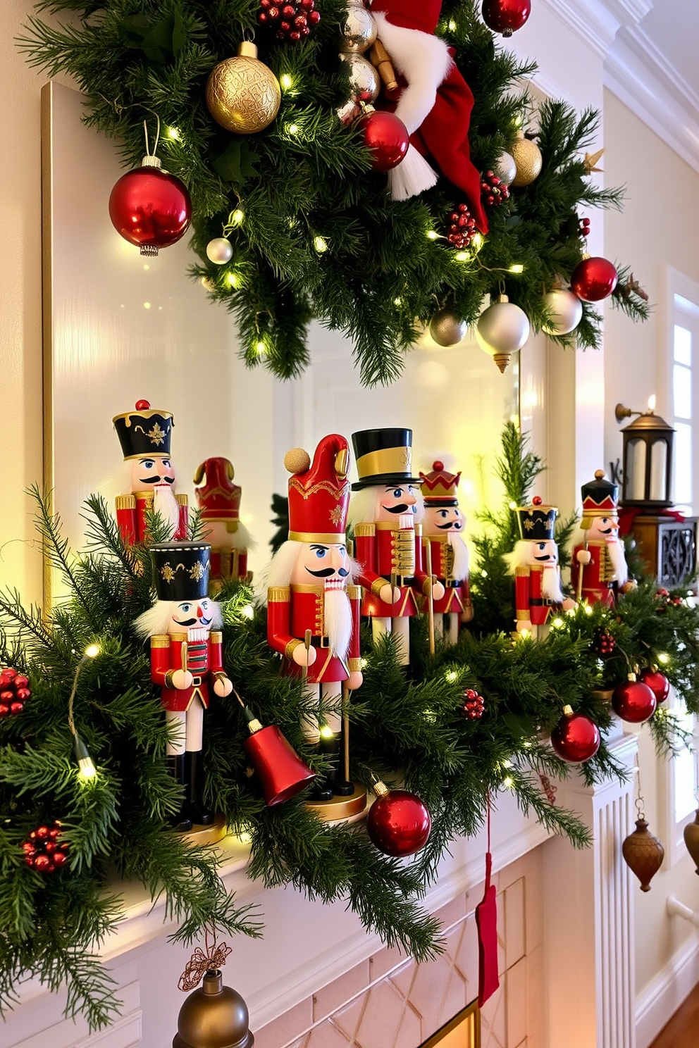 A whimsical holiday mantel adorned with charming nutcracker figurines in various sizes, each painted in vibrant colors and intricate details. The mantel is draped with lush greenery, twinkling fairy lights, and festive ornaments, creating a playful and enchanting atmosphere.