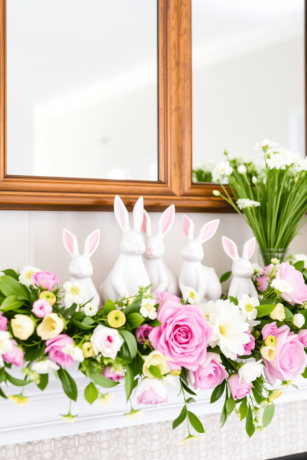 A charming mantel adorned with pastel bunny figurines, each delicately crafted and arranged amidst a vibrant floral garland. The soft hues of the bunnies complement the fresh blooms, creating a whimsical and inviting Easter atmosphere.