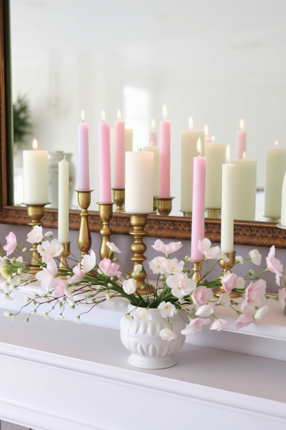 A charming mantel decorated for Easter features an array of pastel candles placed in elegant brass holders, creating a warm and inviting atmosphere. Surrounding the candles, delicate spring flowers in soft hues are arranged in a decorative vase, enhancing the festive feel of the space.