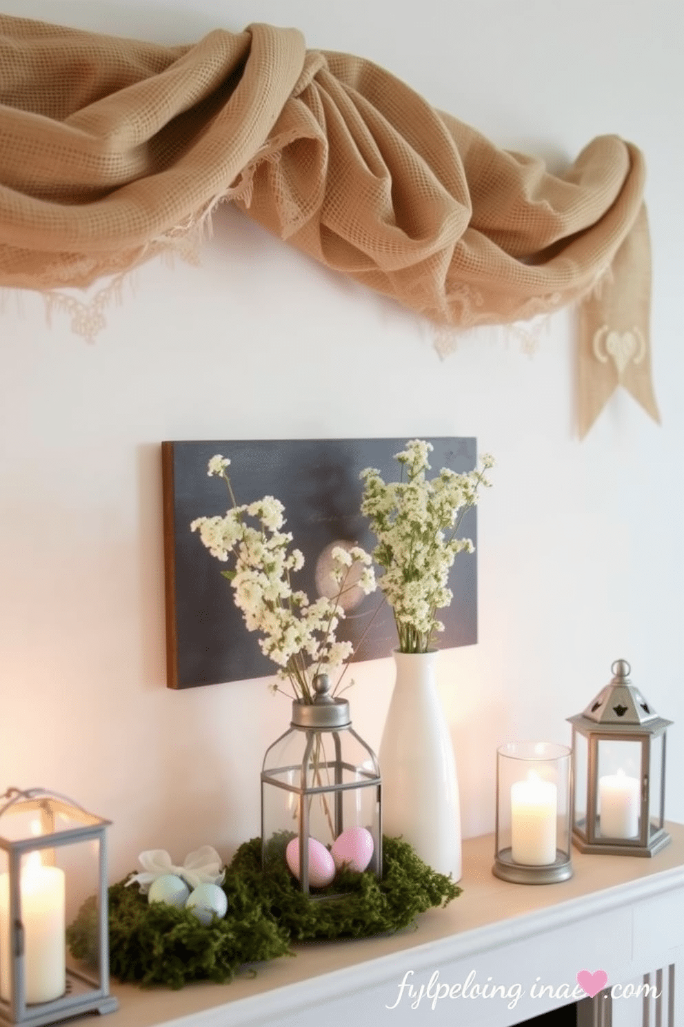 A charming Easter mantel decor featuring burlap and lace bunting draped gracefully across the top. The mantel is adorned with pastel-colored eggs nestled in a bed of moss, complemented by delicate floral arrangements in vintage vases. The burlap and lace bunting adds a rustic yet elegant touch, creating a warm and inviting atmosphere. Soft candlelight flickers from decorative lanterns, enhancing the festive spirit while providing a cozy ambiance.